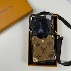 Luxury Leather  Monogram iPhone Case With Wallet And Crossbody Strap For iPhone 17 Series Black-RCLV137