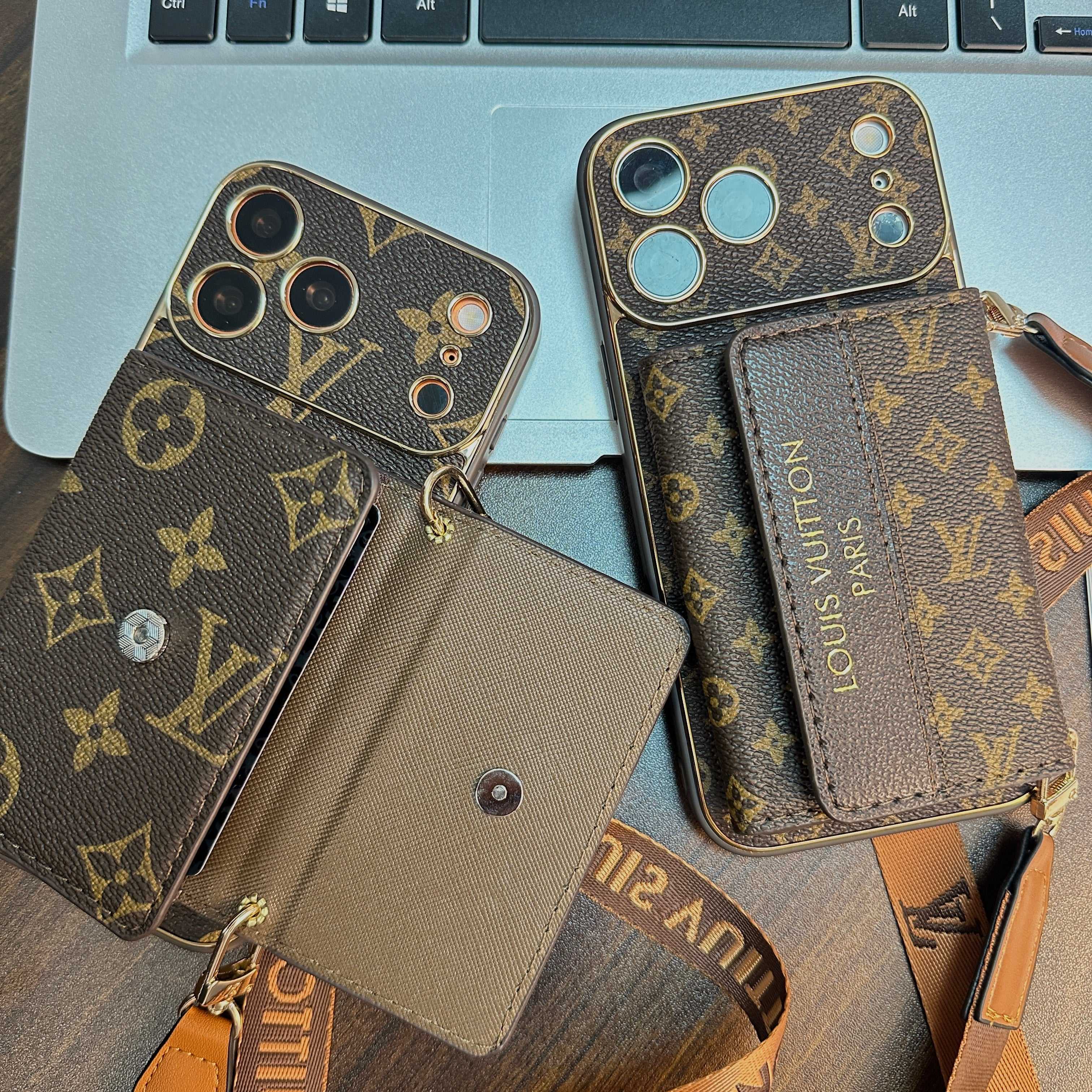 Leather Monogram iPhone Case With Wallet And Crossbody Strap For iPhone 17 Series-RCLV136