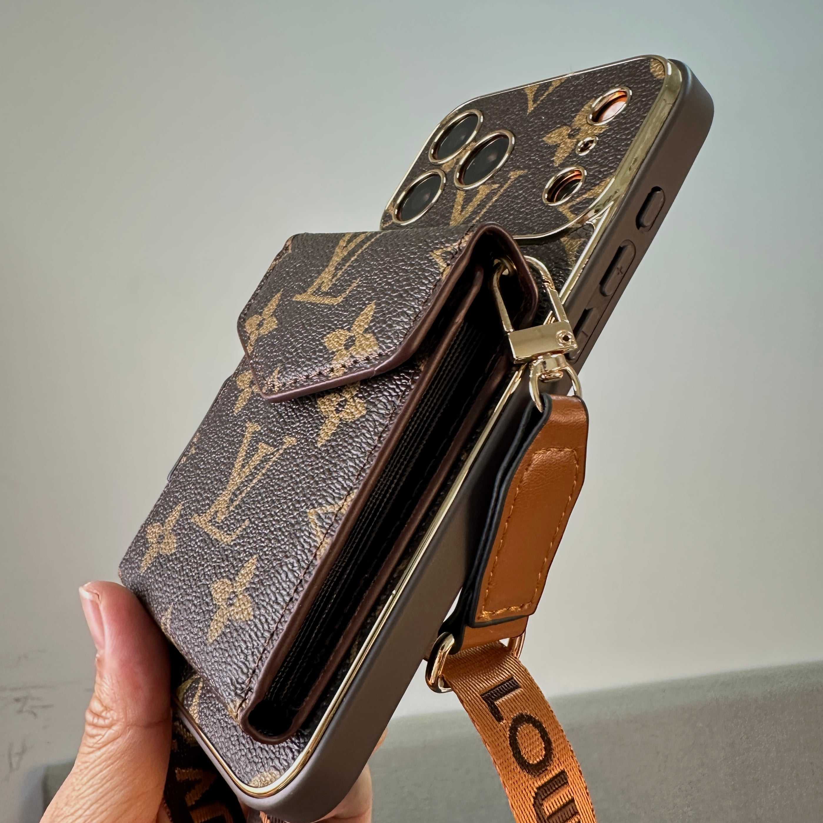 Premium Leather Monogram iPhone Case With Wallet And Crossbody Strap For iPhone 17 Series-RCLV135