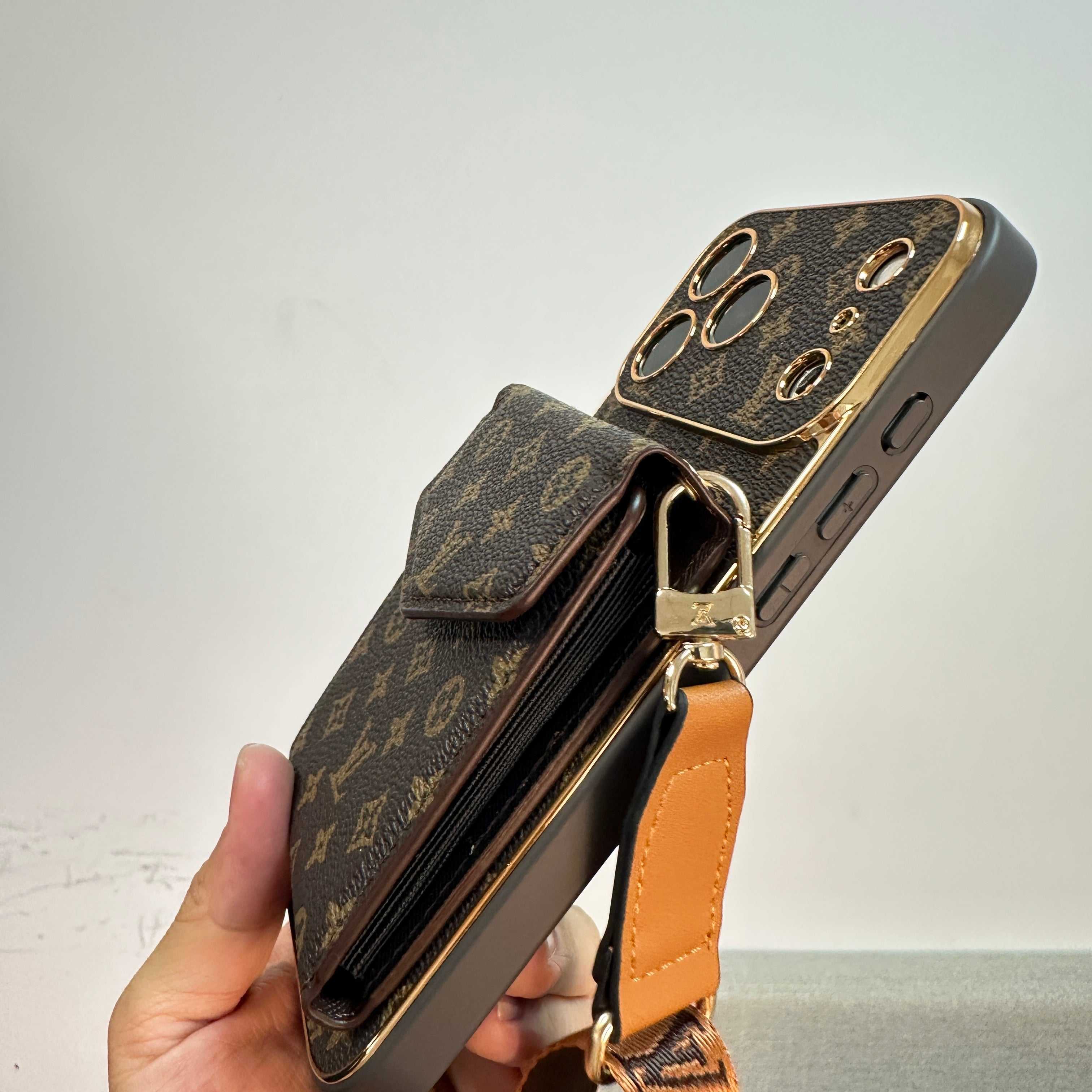 High-quality Leather Monogram iPhone Case With Wallet And Crossbody Strap For iPhone 17 Series-RCLV142