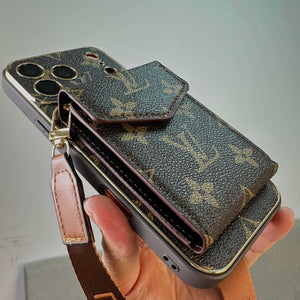 Premium Leather Monogram iPhone Case With Wallet And Crossbody Strap For iPhone 17 Series-RCLV135