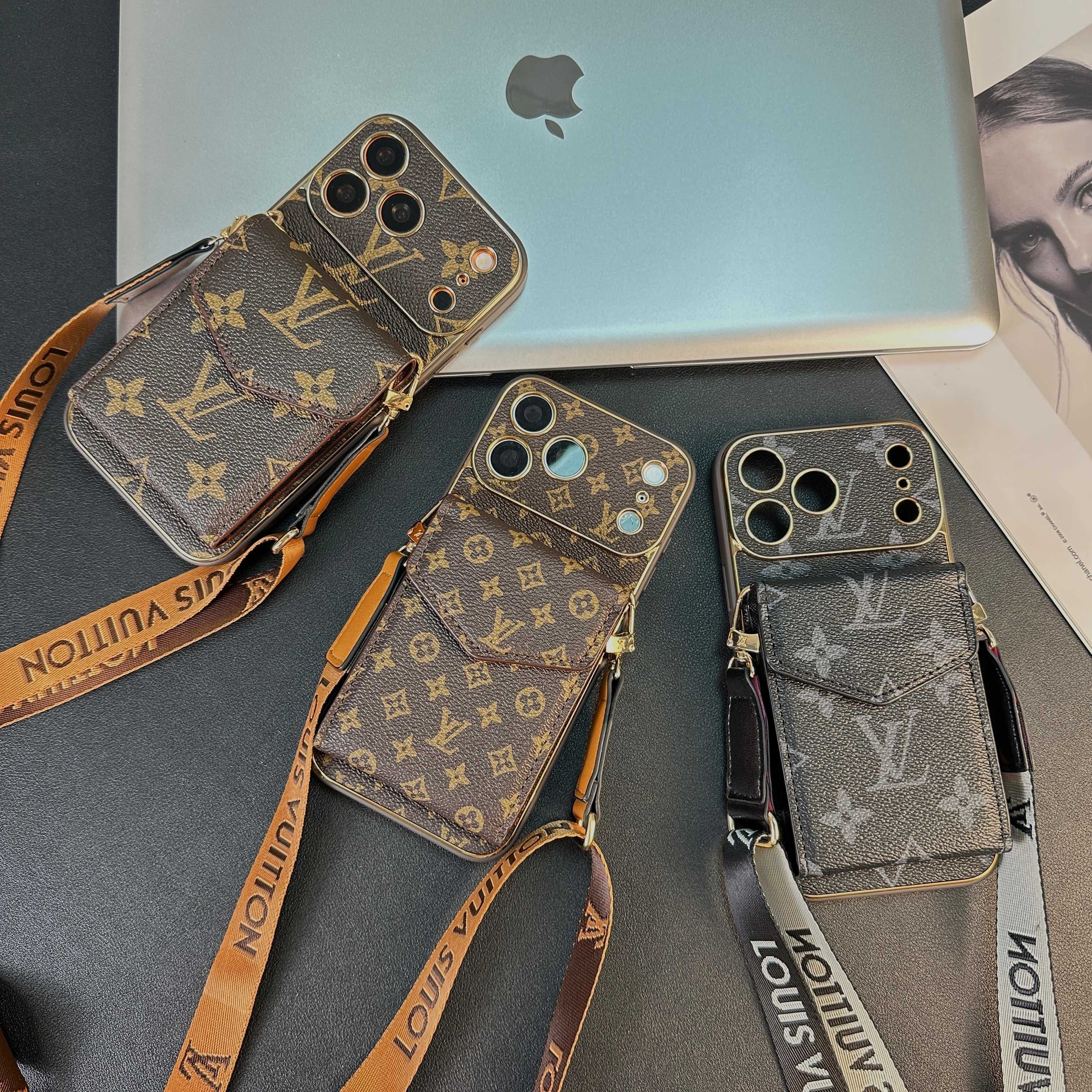 Premium Leather Monogram iPhone Case With Wallet And Crossbody Strap For iPhone 17 Series-RCLV135