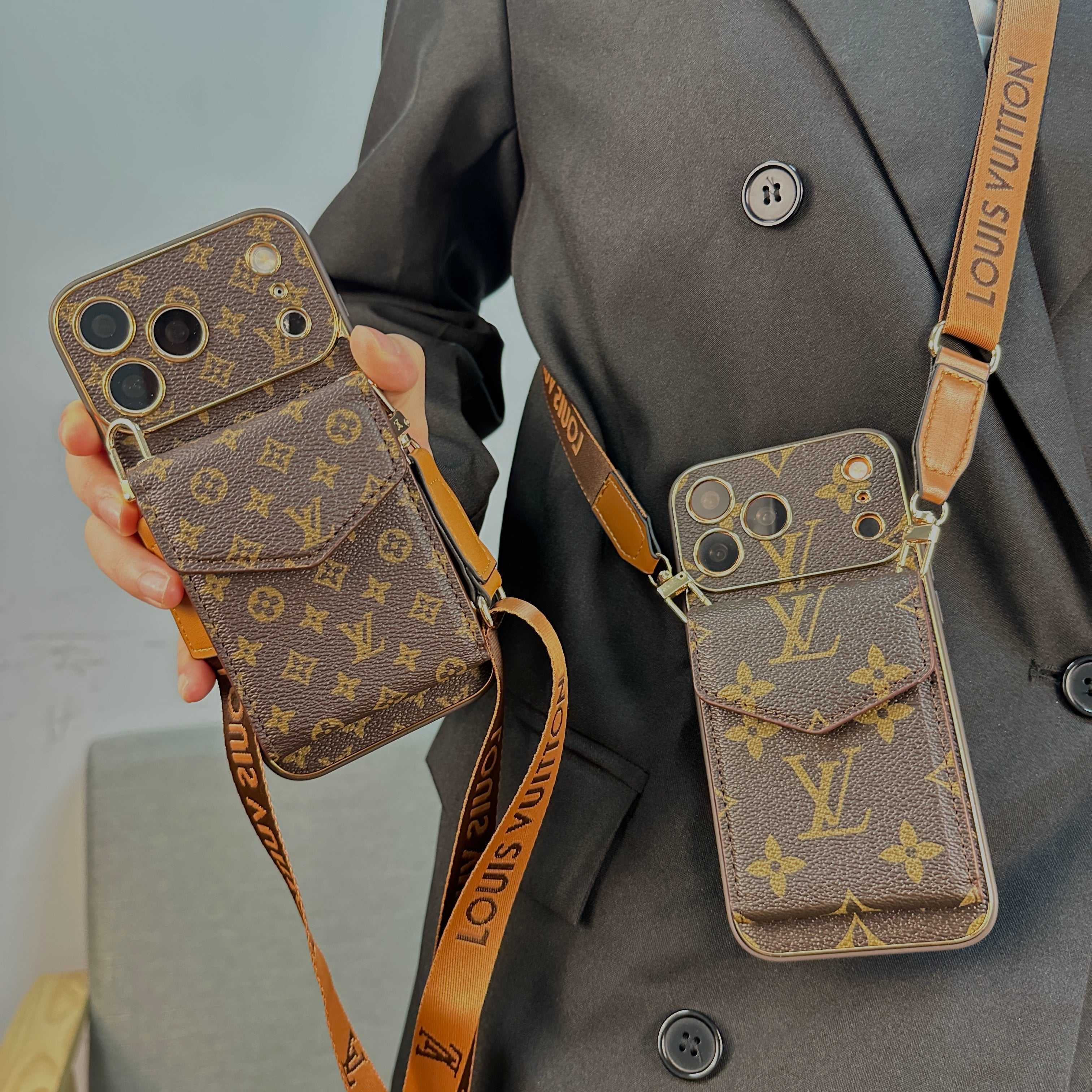 Premium Leather Monogram iPhone Case With Wallet And Crossbody Strap For iPhone 17 Series-RCLV135