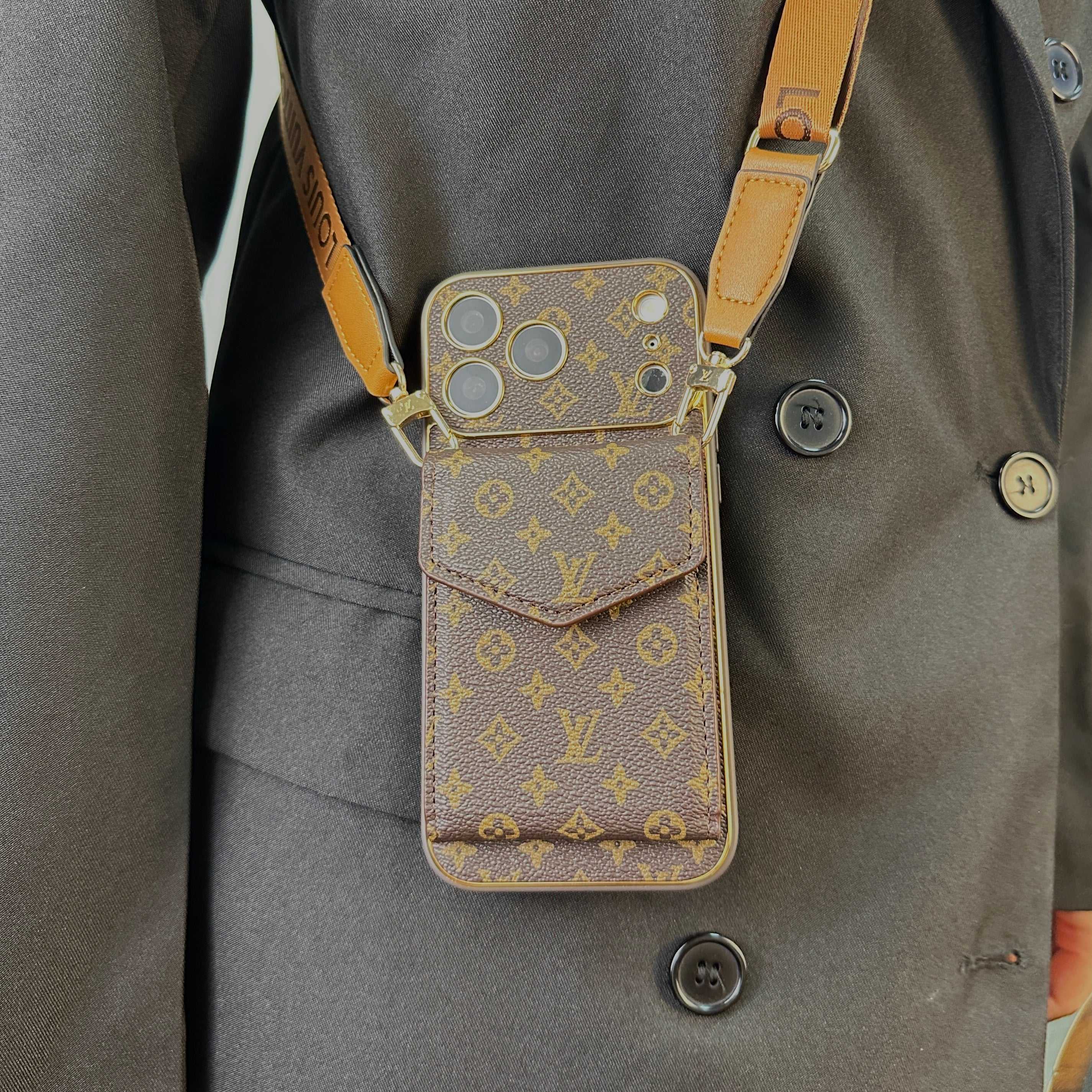 High-quality Leather Monogram iPhone Case With Wallet And Crossbody Strap For iPhone 17 Series-RCLV142