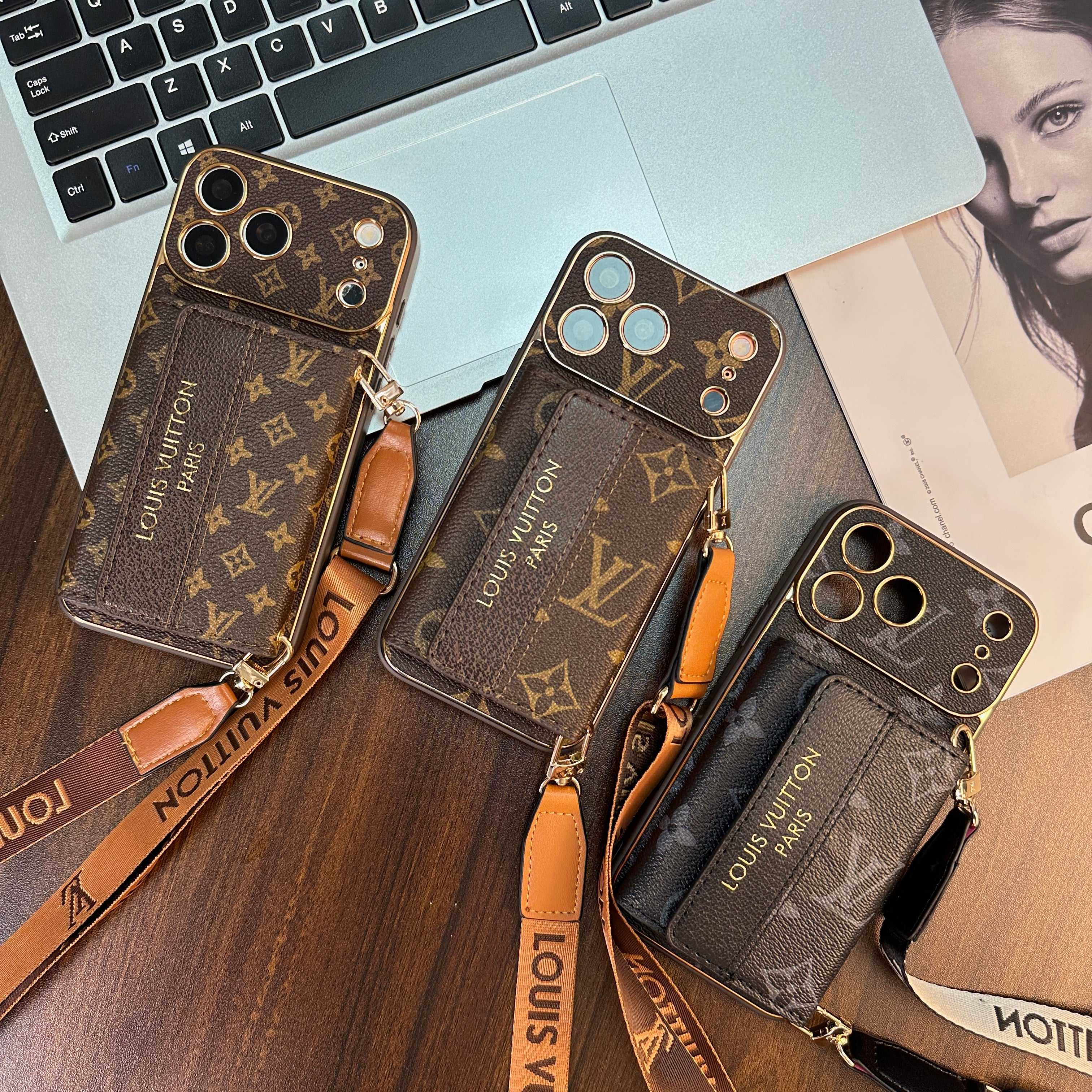 Leather Monogram iPhone Case With Wallet And Crossbody Strap For iPhone 17 Series-RCLV136