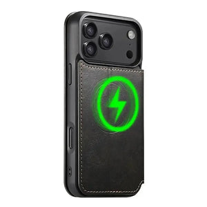 Black leather phone case with integrated card holder. - Runycase