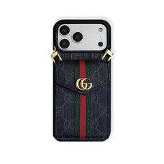Étui iPhone en cuir classique GG avec porte-cartes et dragonne Noir-RCGG149