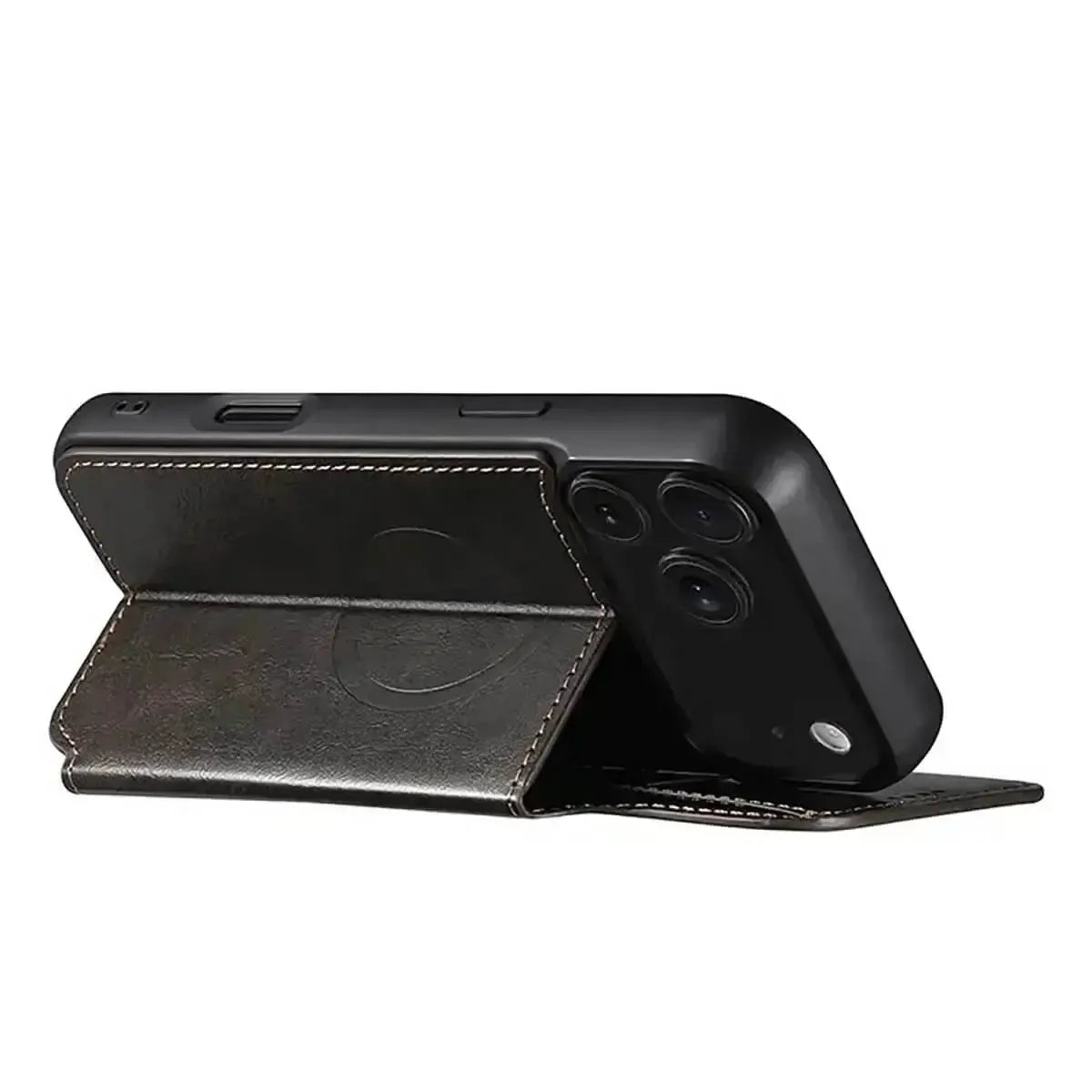 Black leather phone case with integrated card holder. - Runycase
