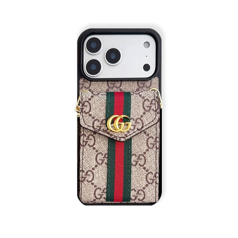 Classic Leather GG iPhone Case With Card Holder And Strap Brown-RCGG150