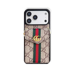 Coque iPhone en Cuir Classique GG avec Porte-Cartes et Dragonne Marron-RCGG150
