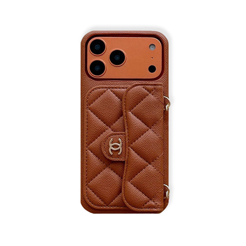 Elegant Leather CC iPhone Case With Wallet And Crossbody Strap Coffee For iPhone 17 Series-RCCC159