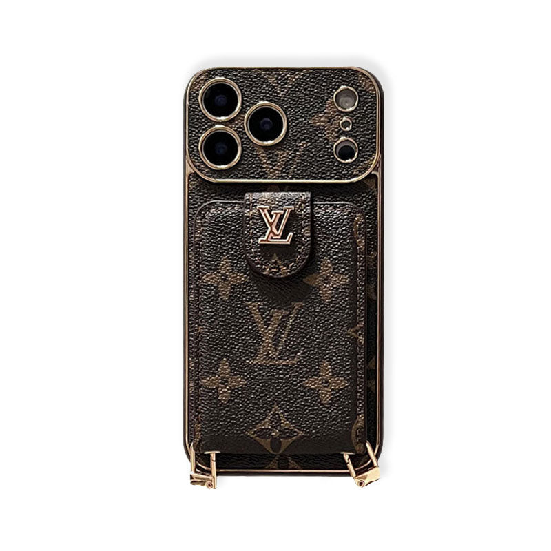 Étui élégant en cuir monogrammé avec porte-cartes et dragonne pour iPhone 17 Series-RCLV170