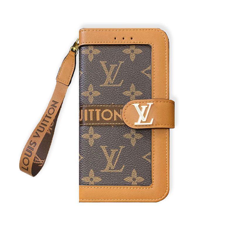 Étui portefeuille en cuir pour téléphone, avec porte-cartes, dragonne et grand imprimé monogramme - RCLV172
