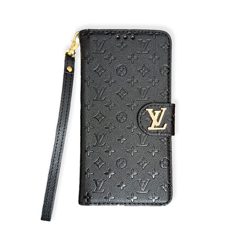 Leather Folio Monogram iPhone Case With Card Holder And Strap Black-RCLV173