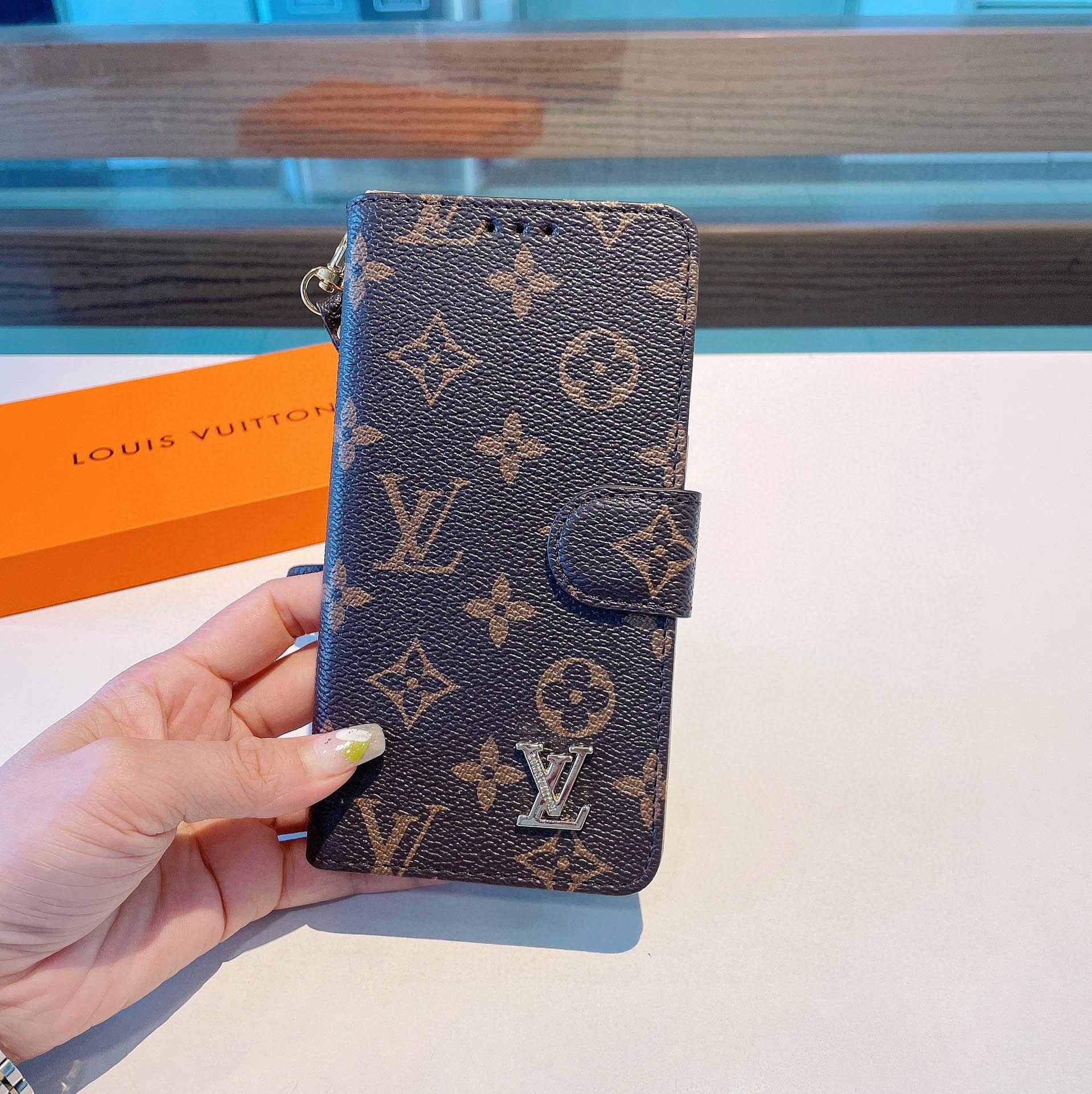 Classic  Folio Monogram iPhone Case With Wallet And Strap Big Printing-RCLV169