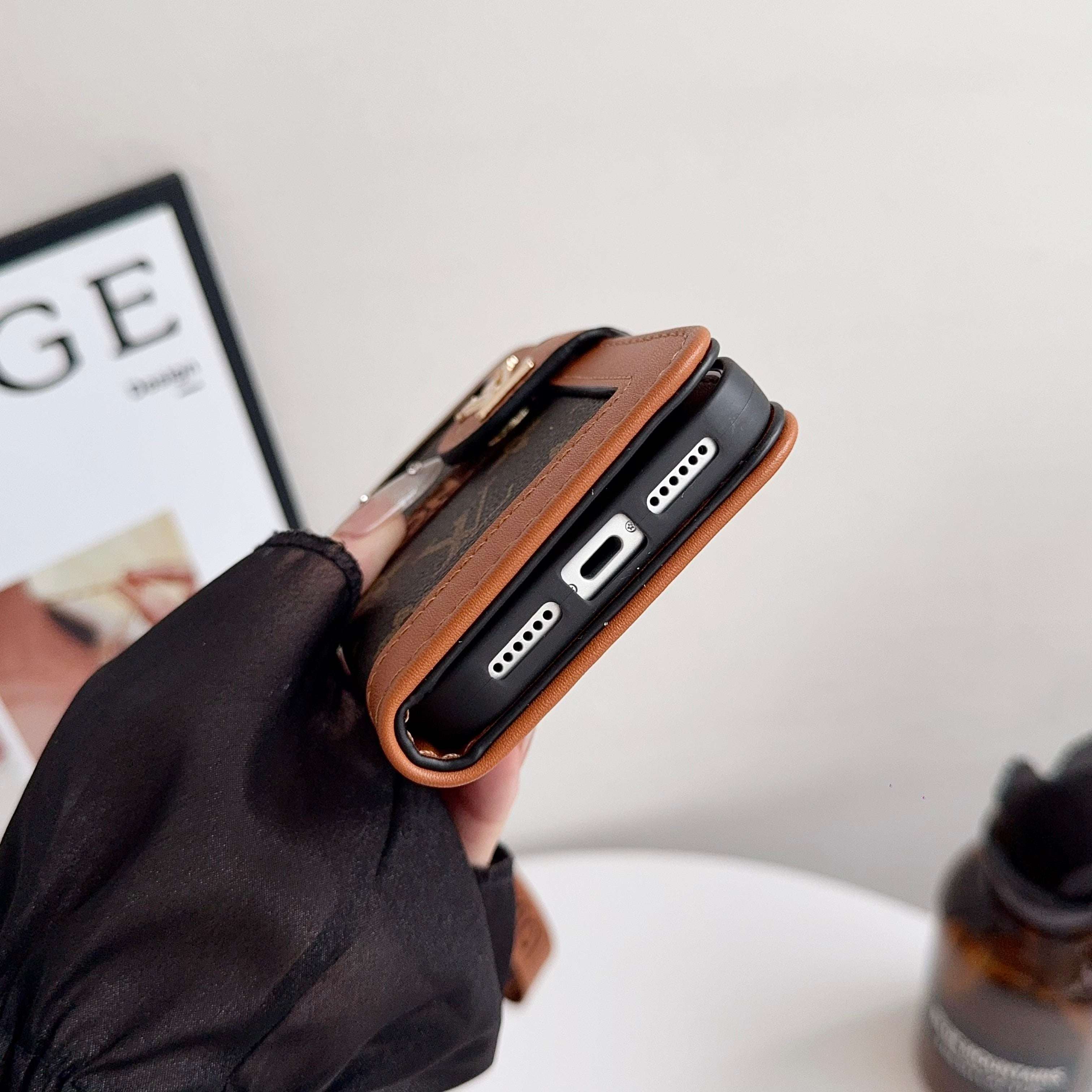 Leather Leather Flip Monogram Phone Case With Card Holder And Strap Big Printing -RCLV172