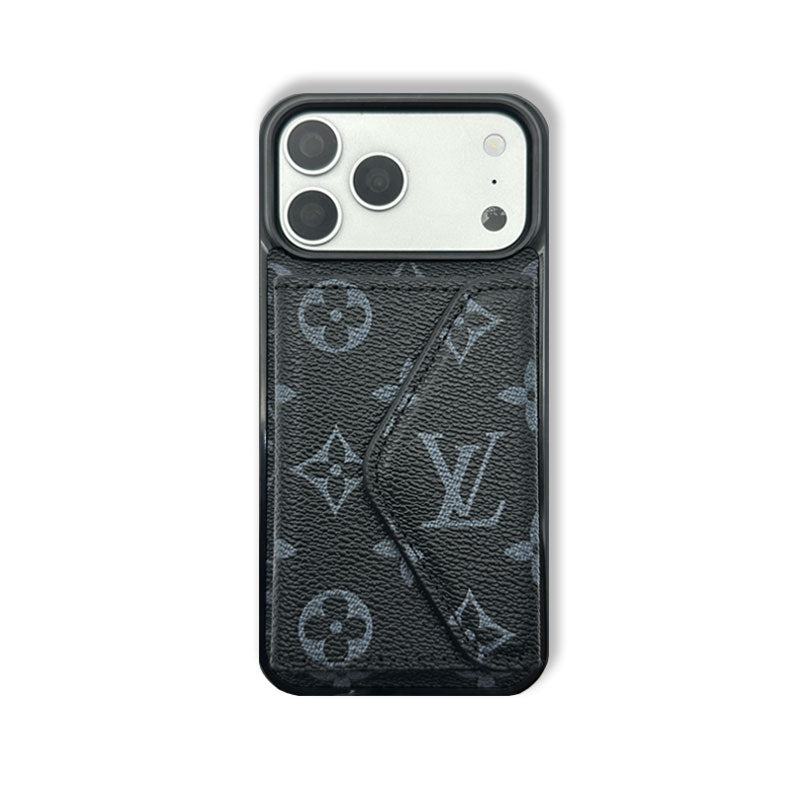 Luxury Leather Monogram iPhone Case With Card Holder Black Printing For iPhone 17 Series-RCLV083 - Runycase