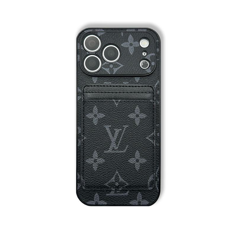 Elegant Leather Monogram iPhone Case With Magnetic Card Holder Black Printing For iPhone 17 Series-RCLV087