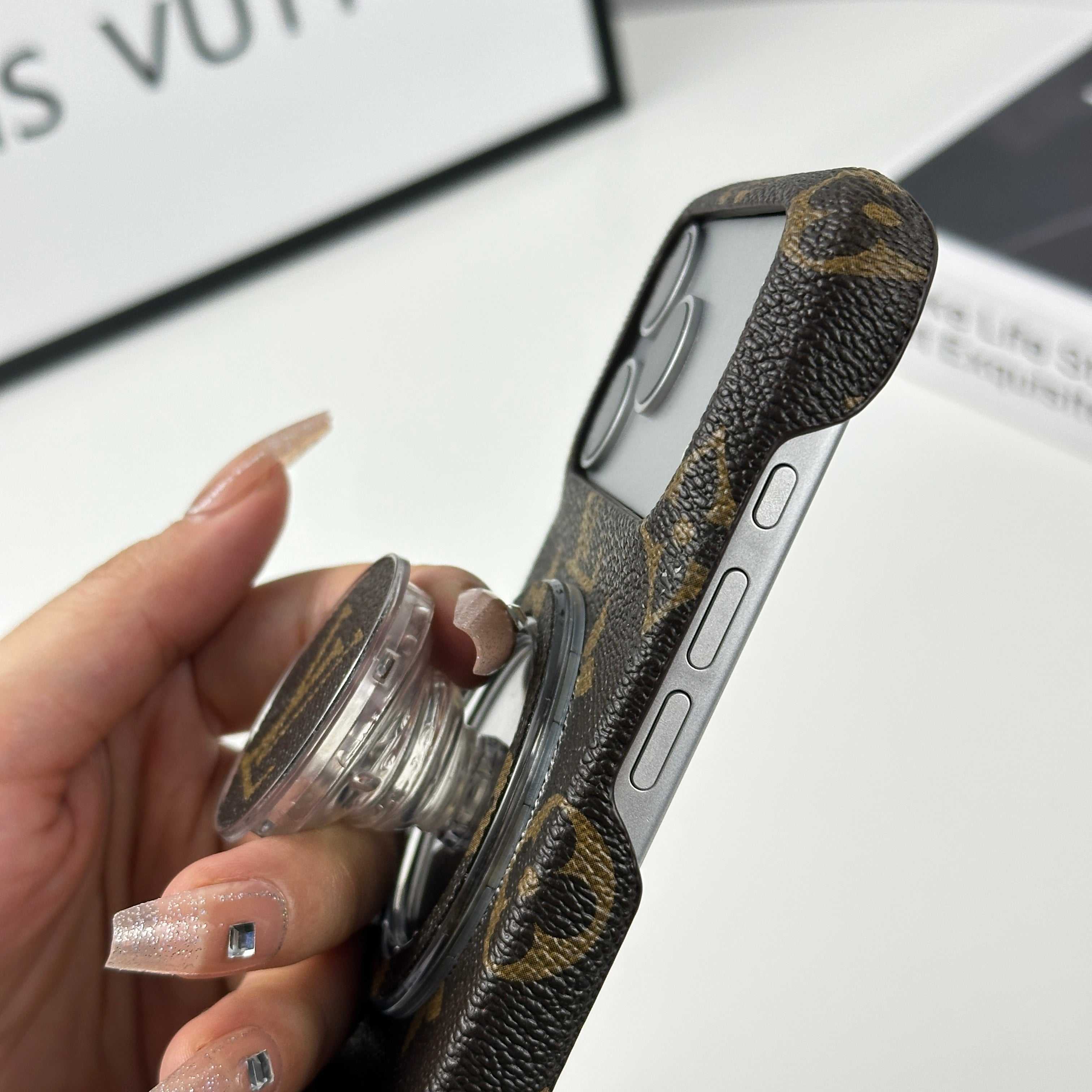 Luxury Leather Monogram iPhone Case With Magnetic Stand Big Printing For iPhone 17 Series-RCLV069 - Runycase