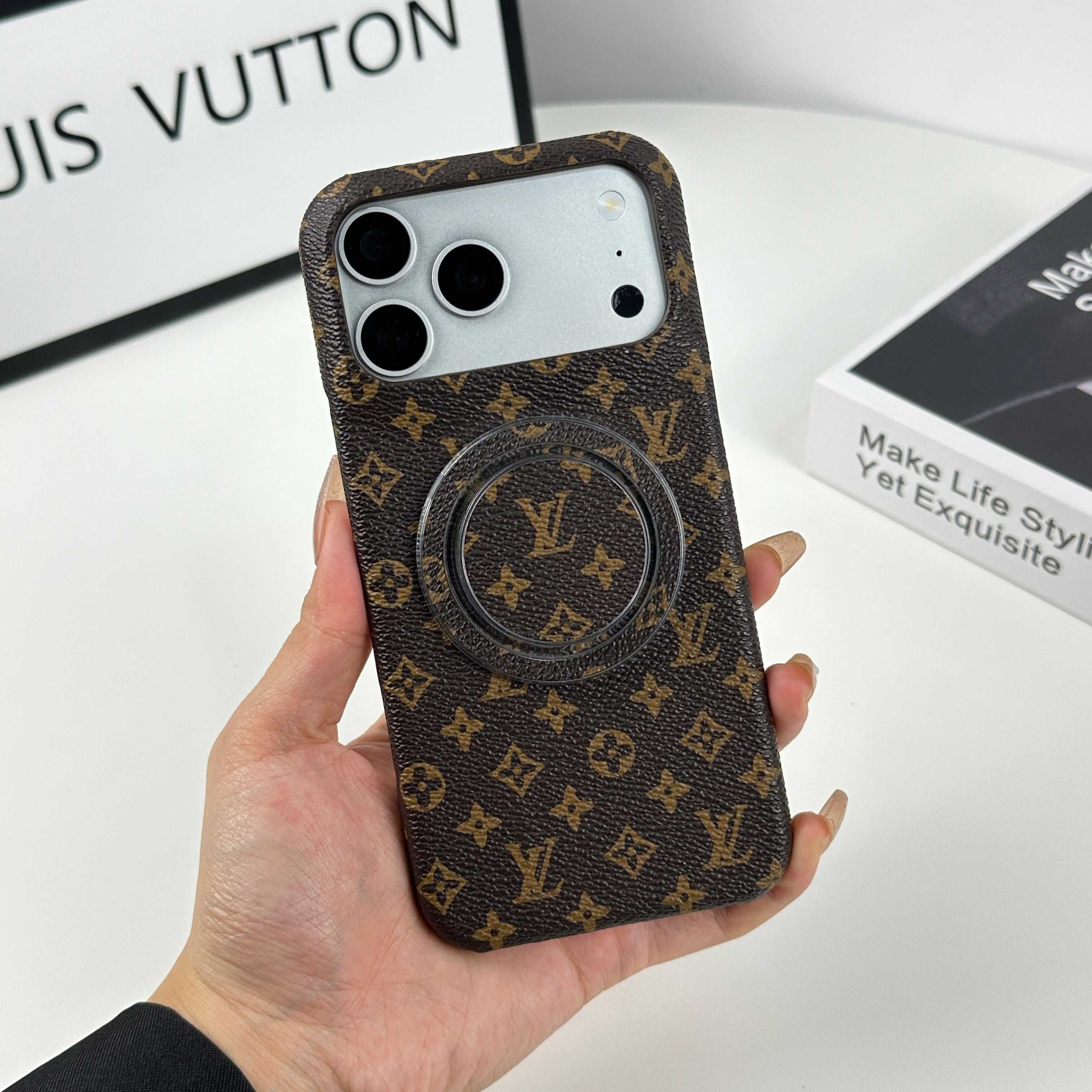 Leather Monogram iPhone Case With Magnetic Stand Small Printing For iPhone 17 Series-RCLV070 - Runycase