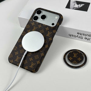 Leather Monogram iPhone Case With Magnetic Stand Small Printing For iPhone 17 Series-RCLV070 - Runycase