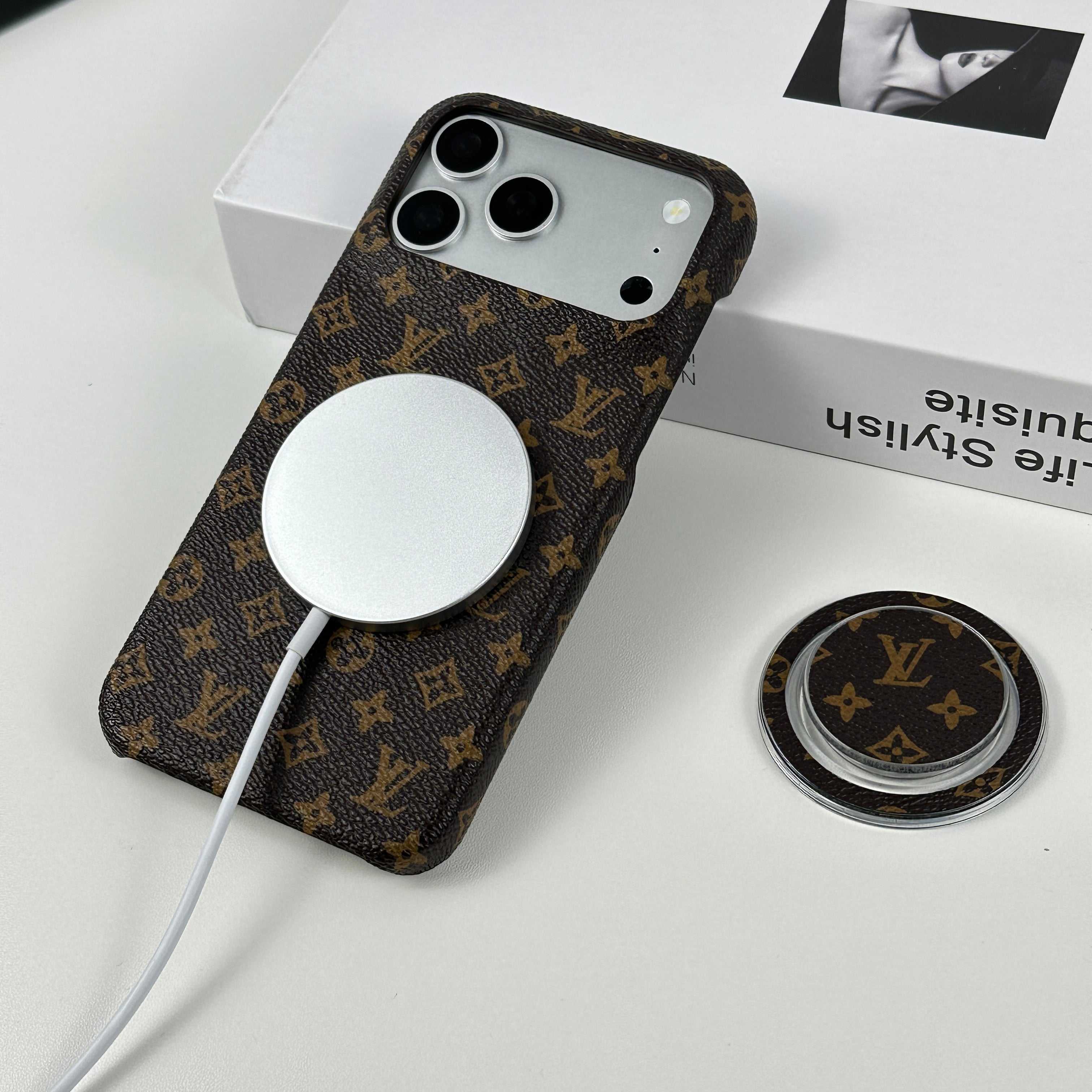 Leather Monogram iPhone Case With Magnetic Stand Small Printing For iPhone 17 Series-RCLV070 - Runycase
