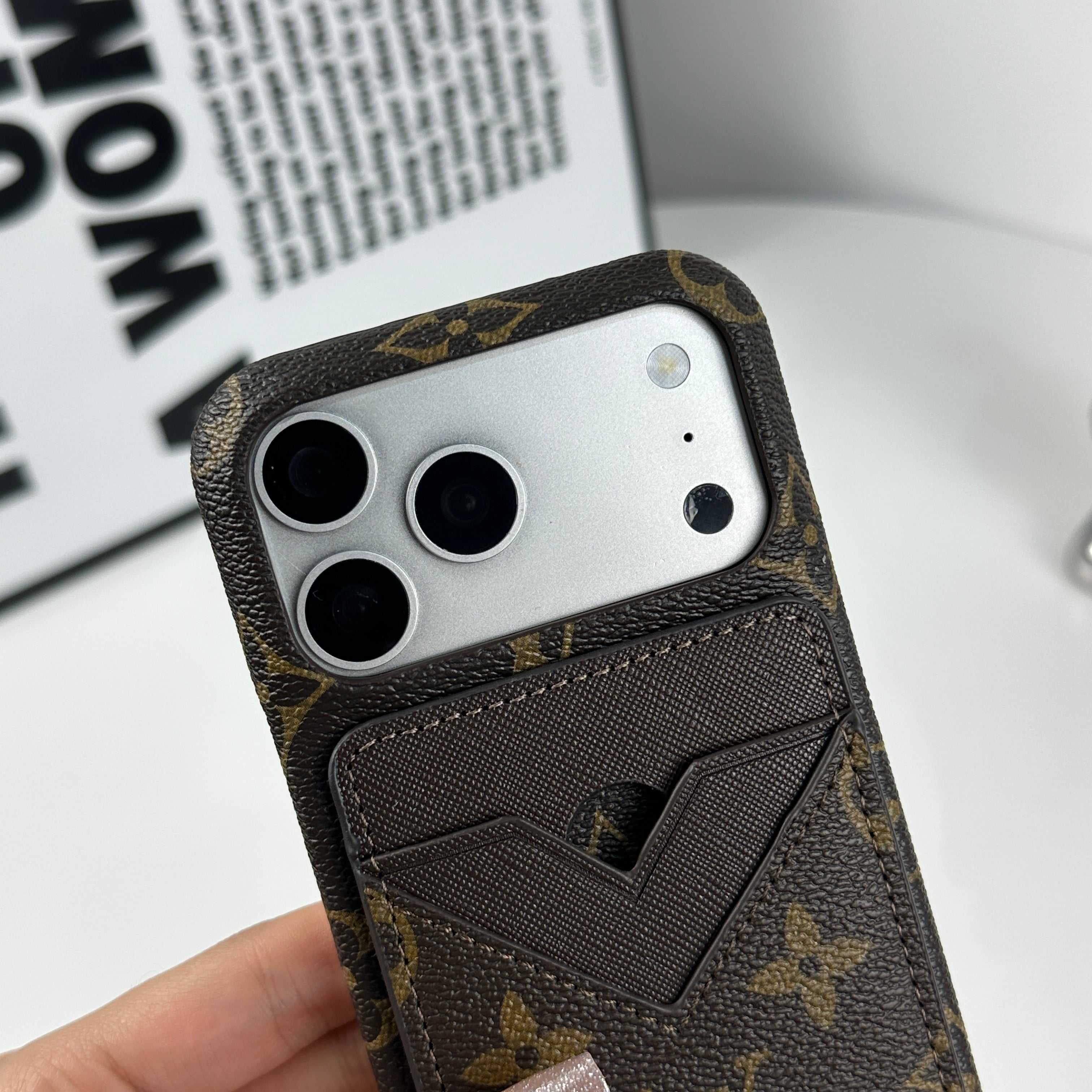 Luxury Leather Monogram iPhone Case With Magnetic Card Holder Big Printing For iPhone 17 Series-RCLV072 - Runycase