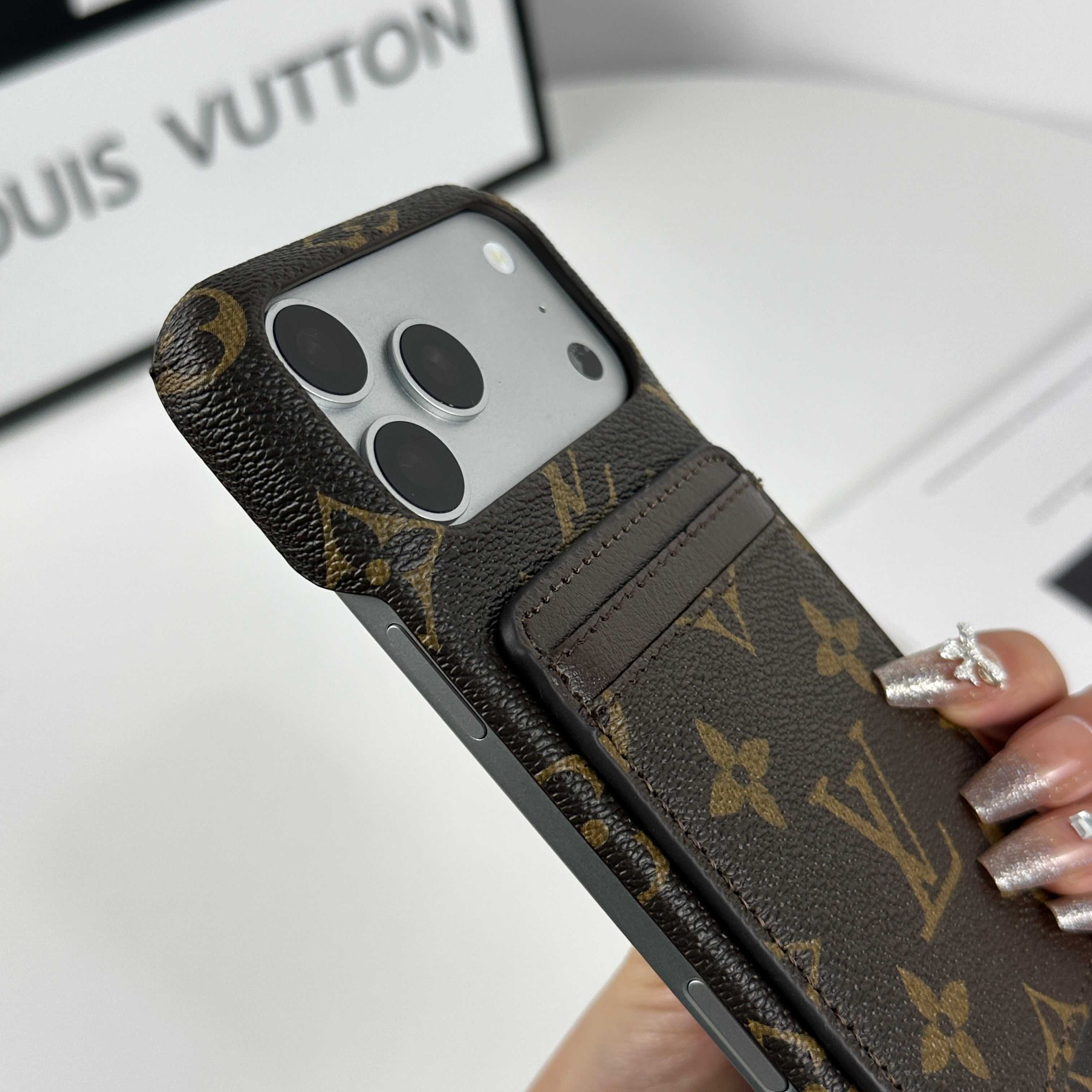 Stylish Leather Monogram iPhone Case With Magnetic Card Holder Big Printing For iPhone 17 Series-RCLV075 - Runycase