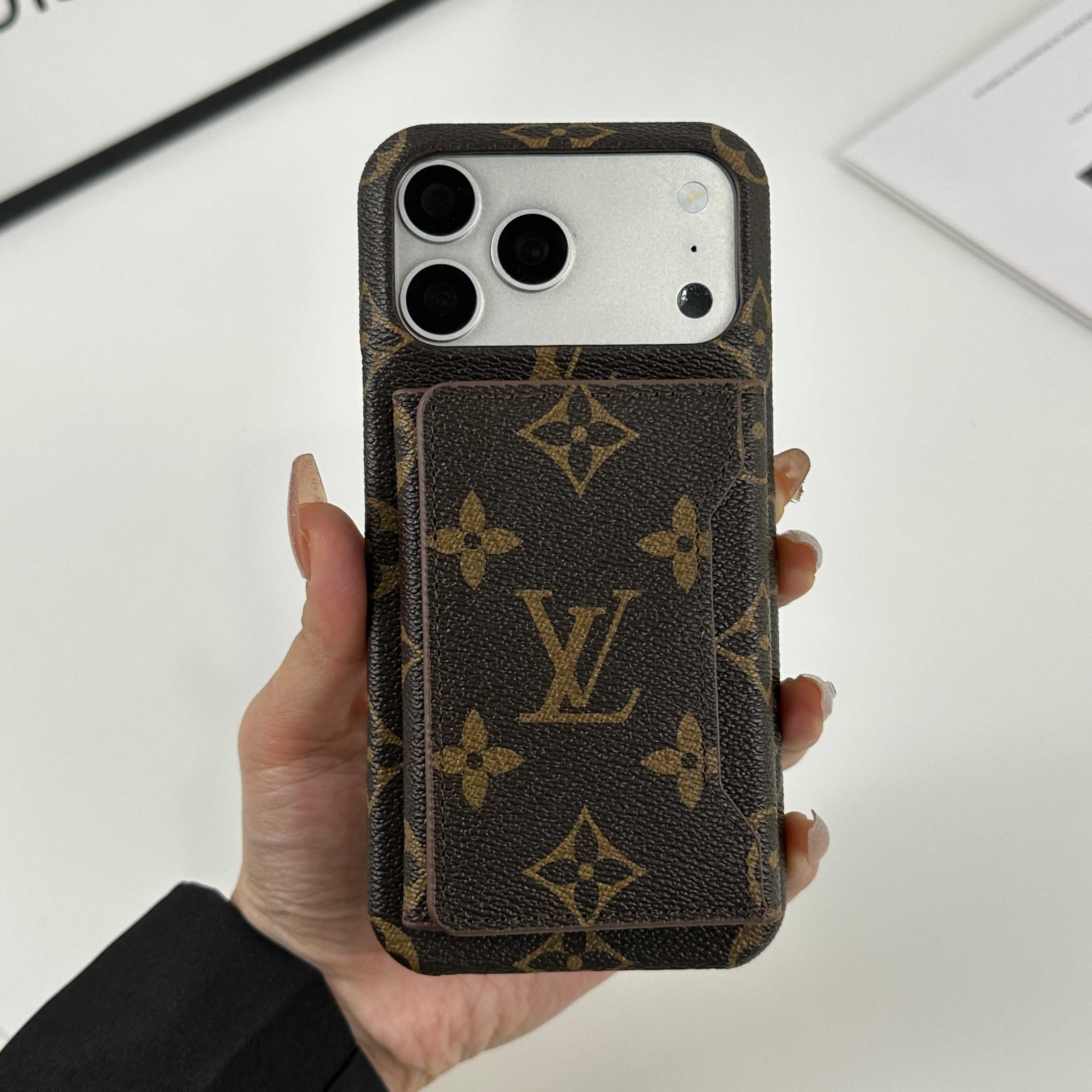 Premium Leather Monogram iPhone Case With Magnetic Wallet Big Printing For iPhone 17 Series-RCLV078 - Runycase