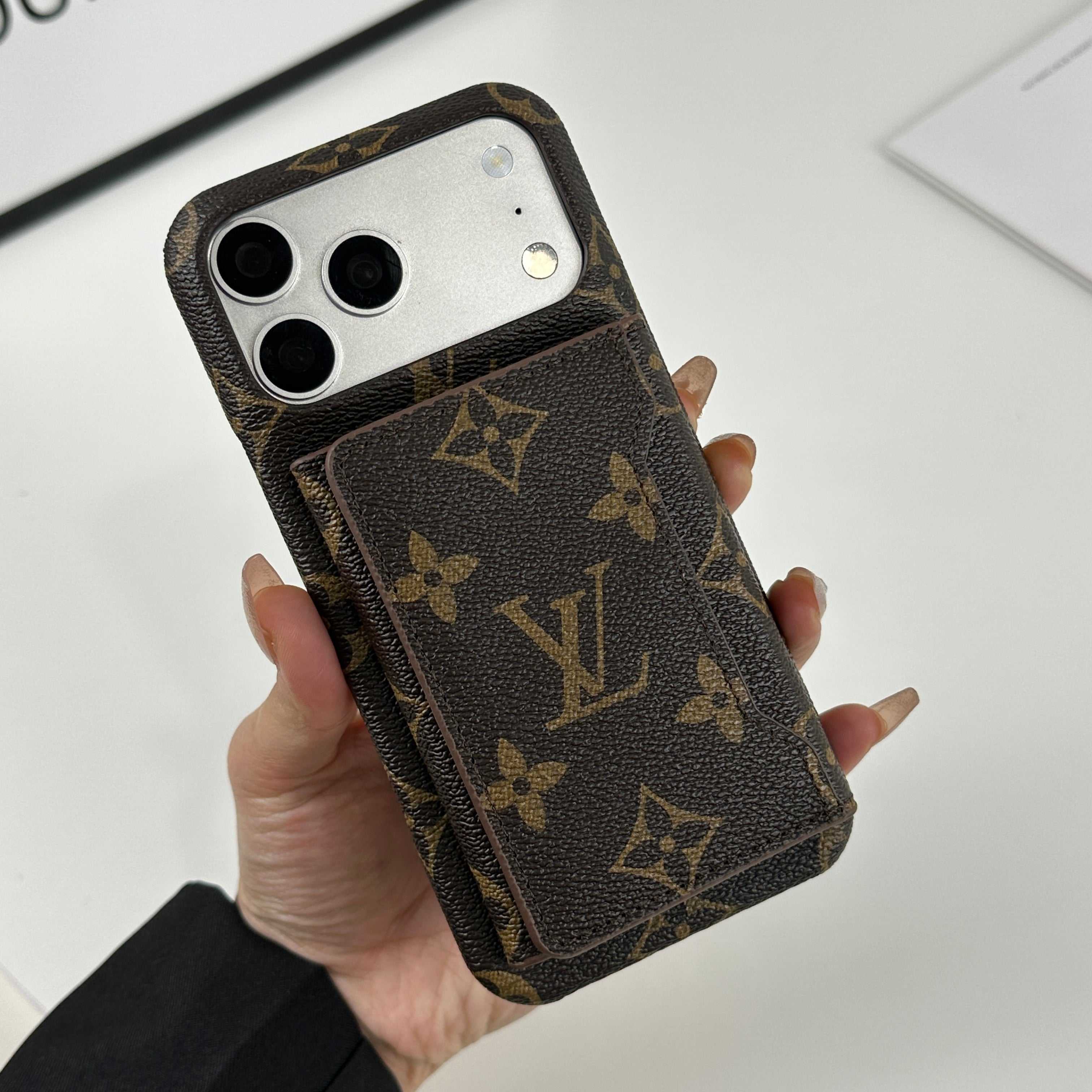 Premium Leather Monogram iPhone Case With Magnetic Wallet Big Printing For iPhone 17 Series-RCLV078 - Runycase