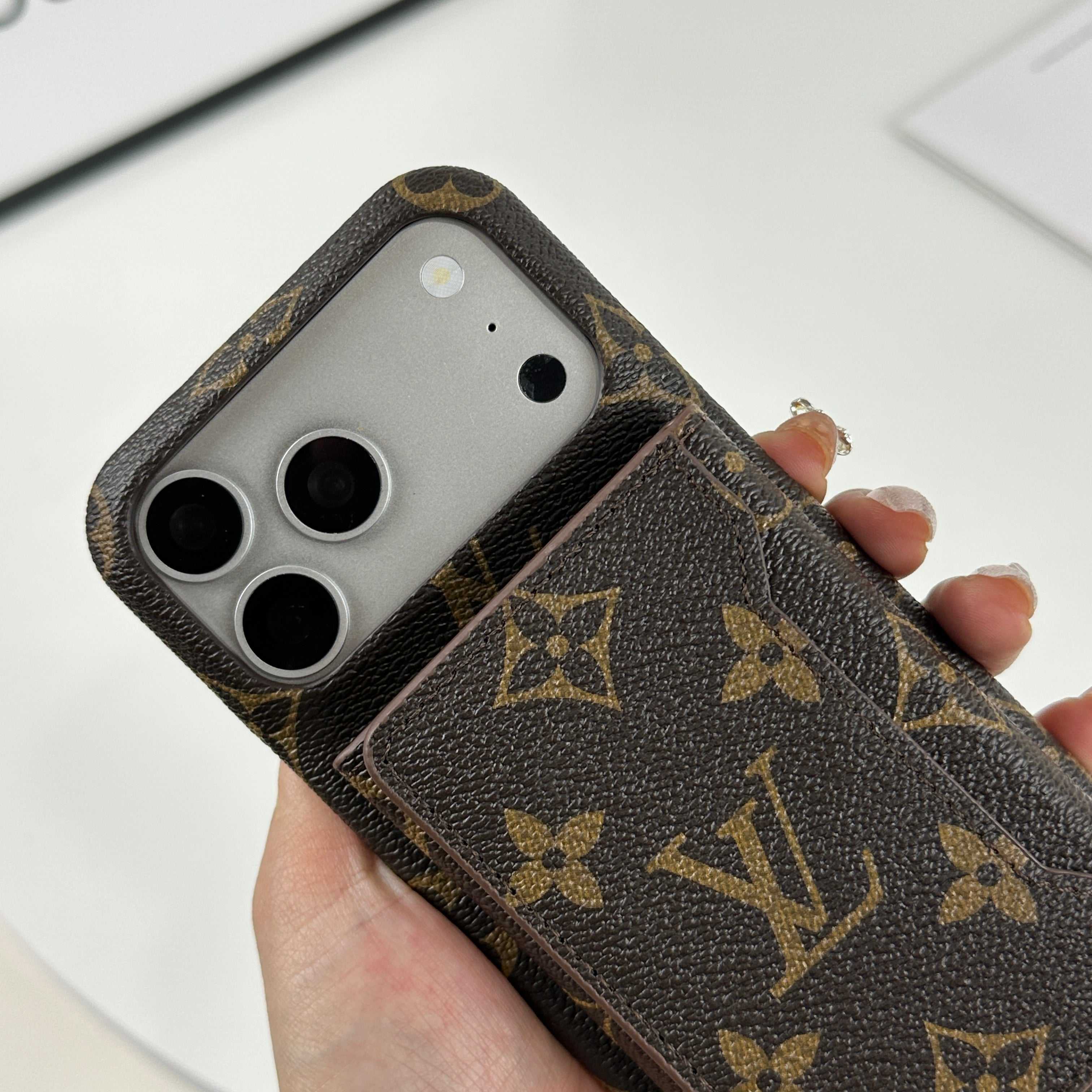 Premium Leather Monogram iPhone Case With Magnetic Wallet Big Printing For iPhone 17 Series-RCLV078 - Runycase
