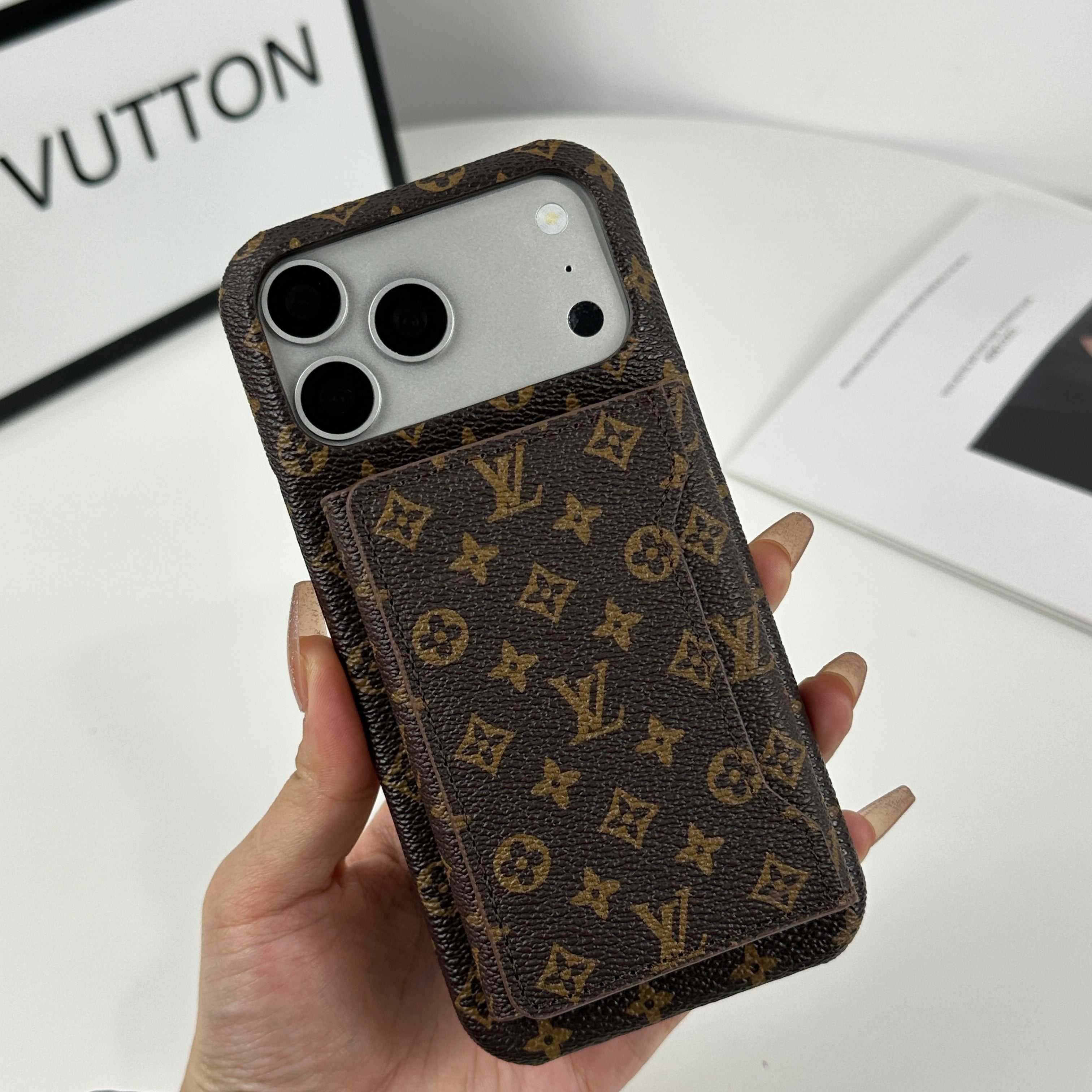 Luxury Leather Monogram iPhone Case With Magnetic Wallet Small Printing For iPhone 17 Series-RCLV079 - Runycase