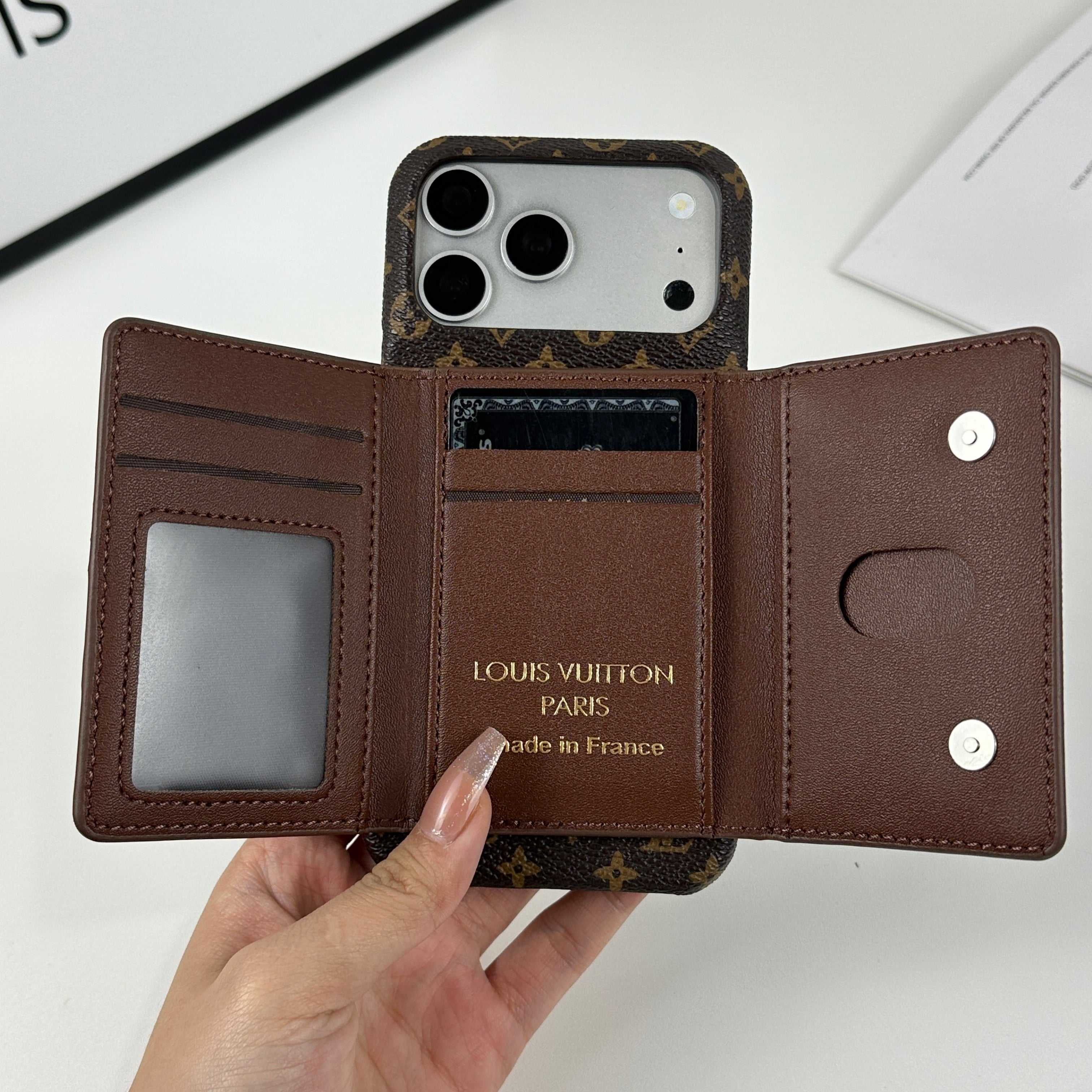 Luxury Leather Monogram iPhone Case With Magnetic Wallet Small Printing For iPhone 17 Series-RCLV079 - Runycase