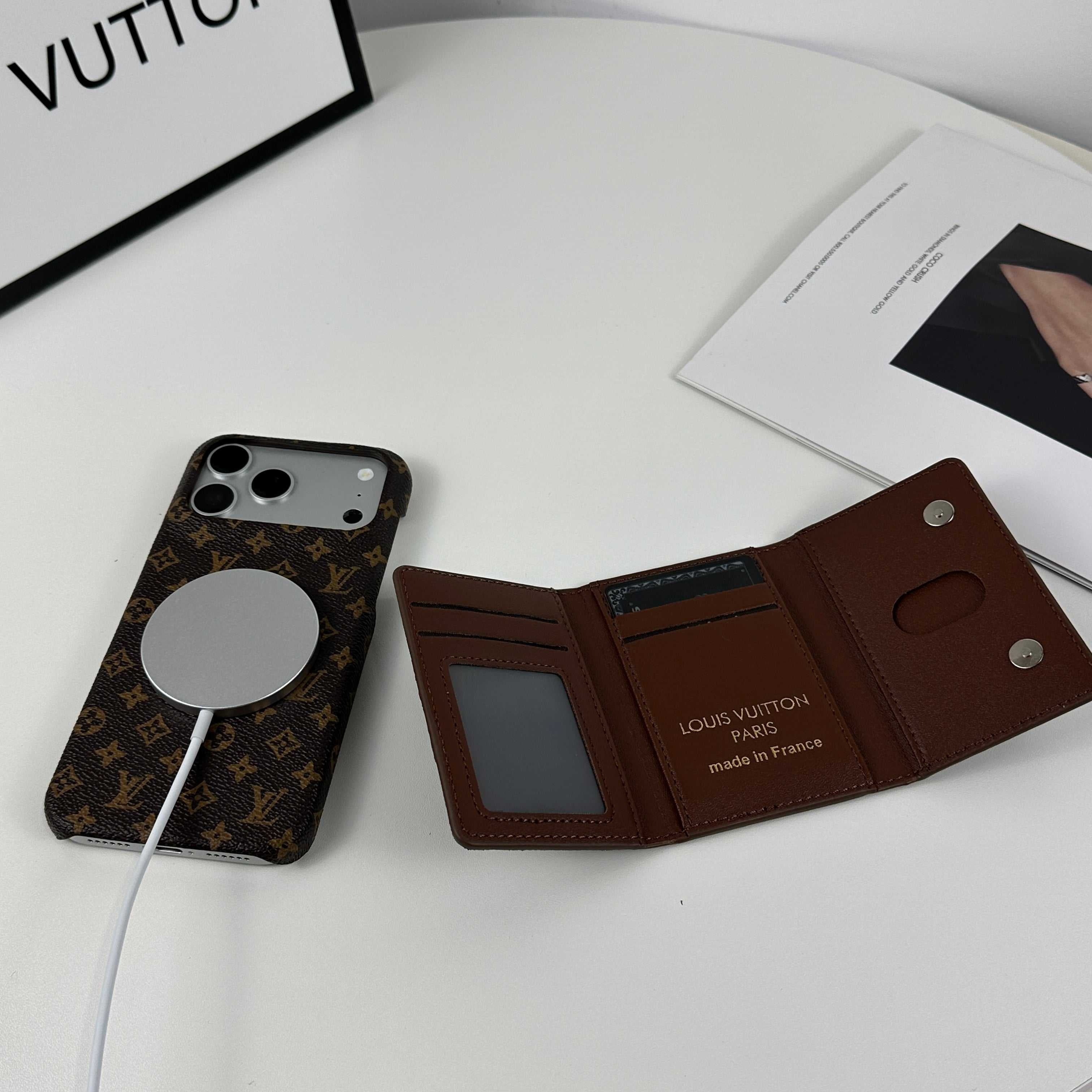 Luxury Leather Monogram iPhone Case With Magnetic Wallet Small Printing For iPhone 17 Series-RCLV079 - Runycase