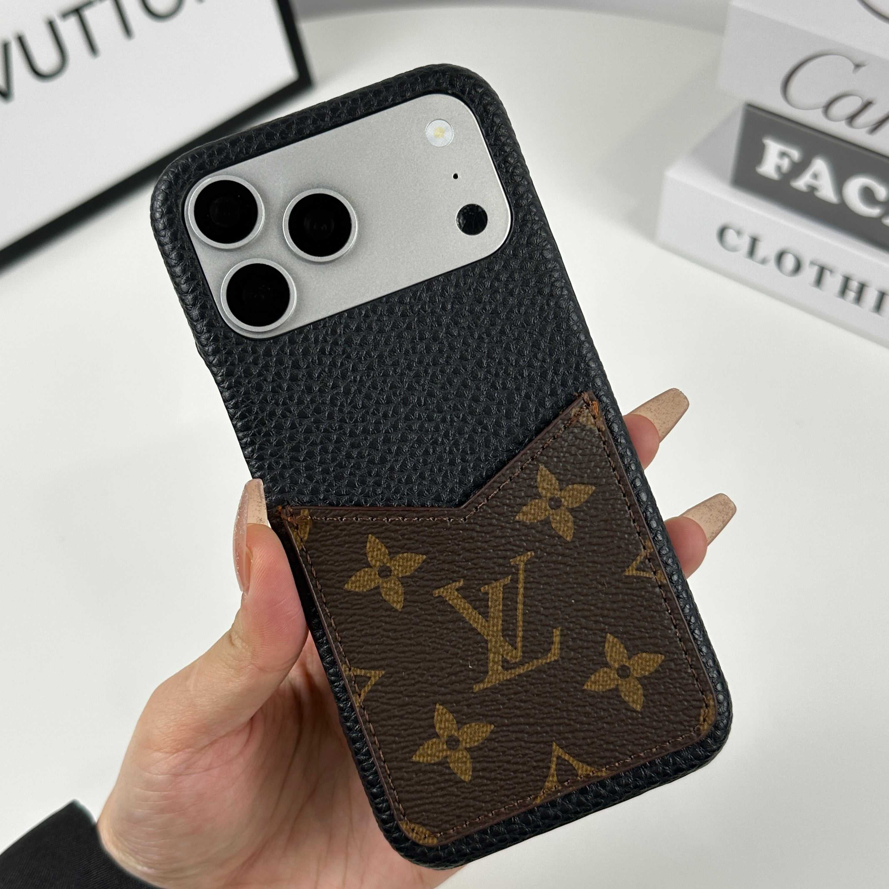 Elegant Leather Monogram iPhone Case With Card Holder Big Printing For iPhone 17 Series-RCLV081 - Runycase