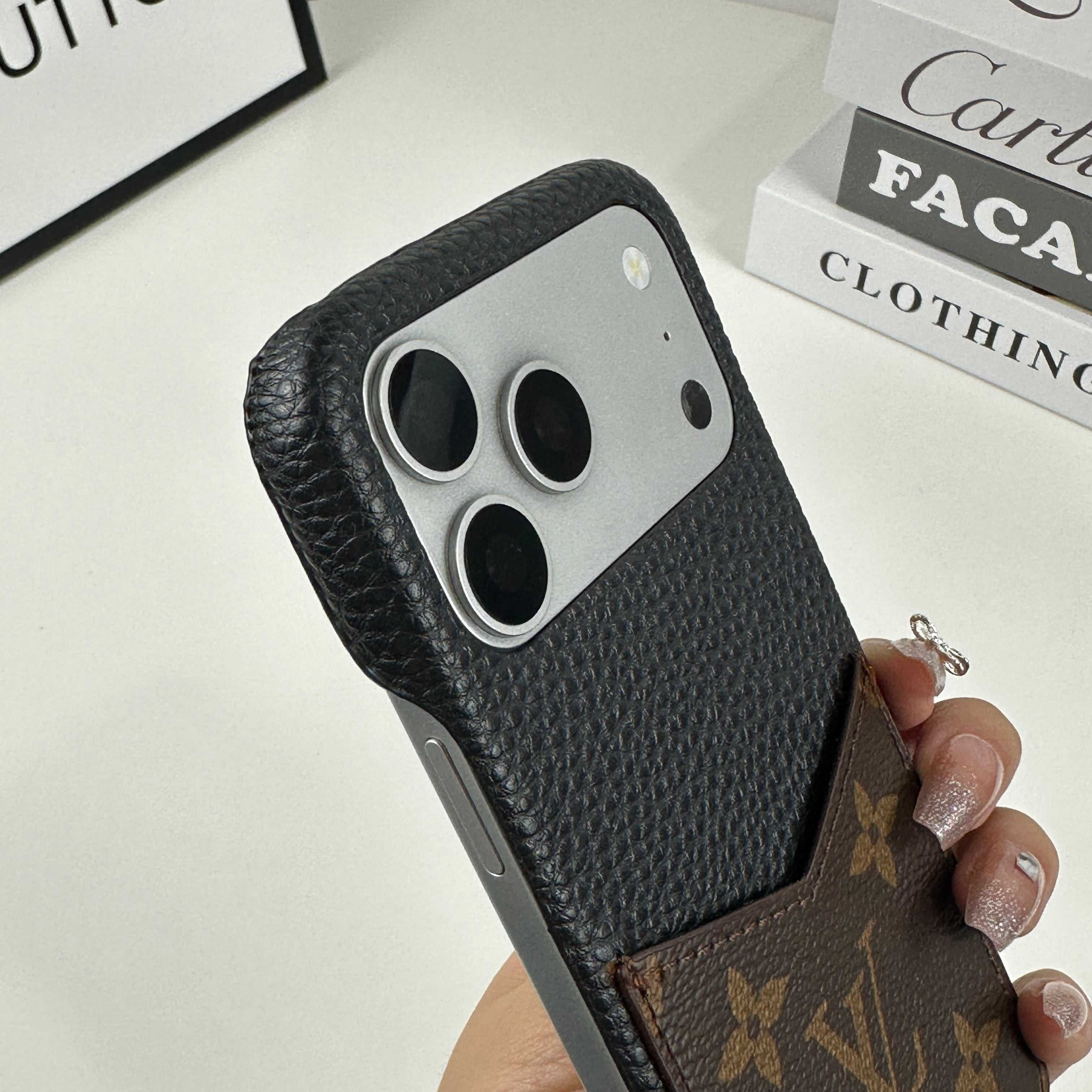 Elegant Leather Monogram iPhone Case With Card Holder Big Printing For iPhone 17 Series-RCLV081 - Runycase