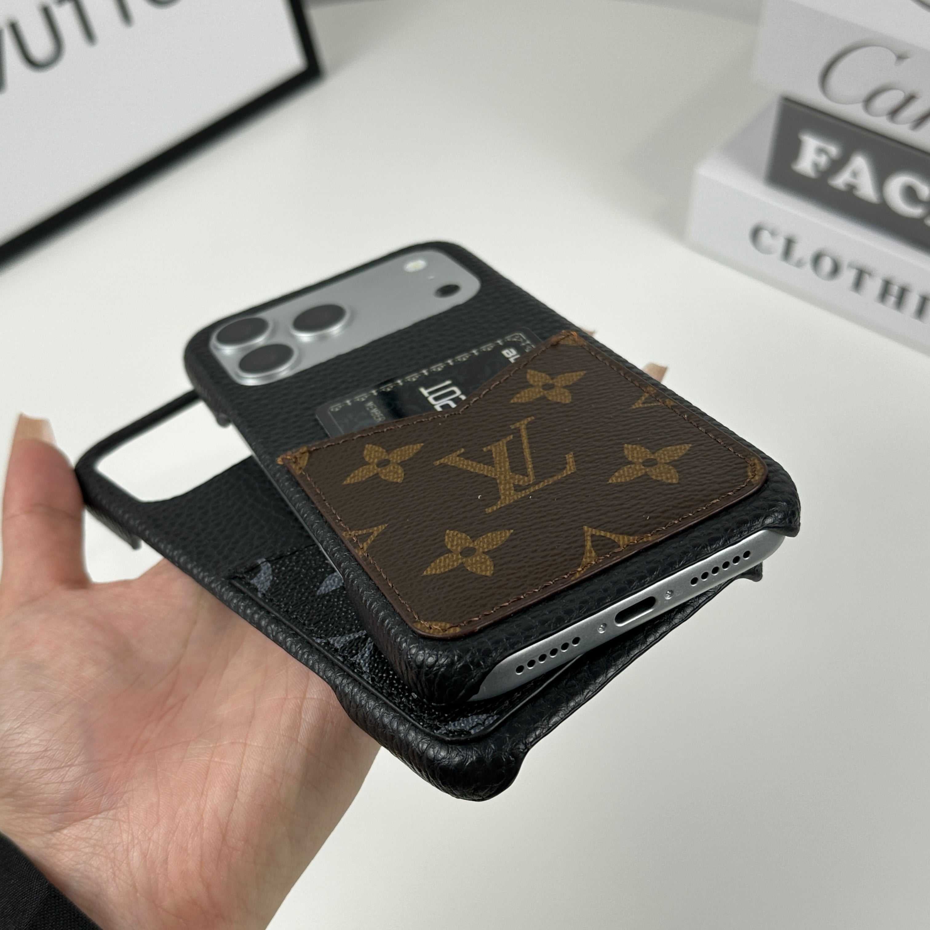 Elegant Leather Monogram iPhone Case With Card Holder Big Printing For iPhone 17 Series-RCLV081 - Runycase