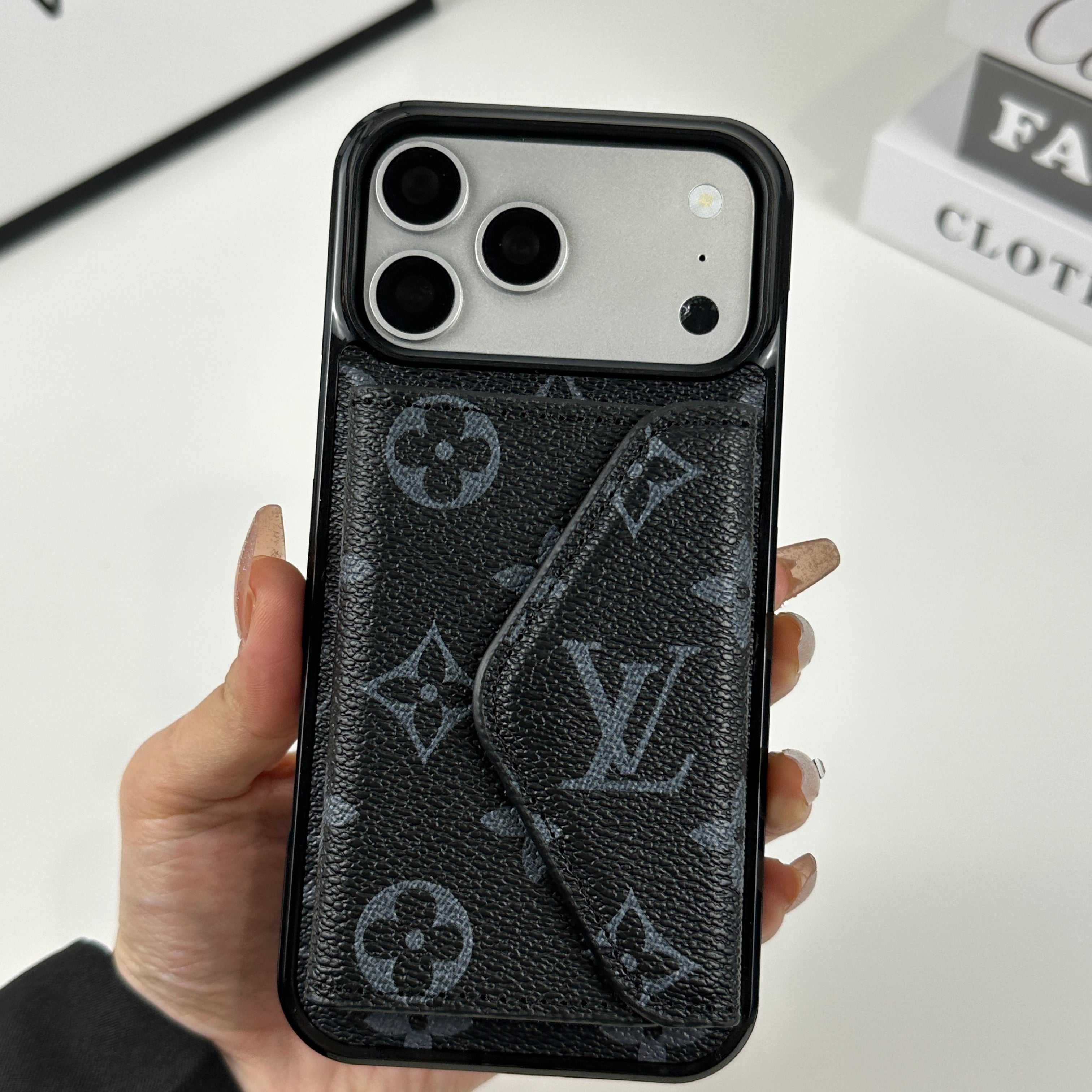 Luxury Leather Monogram iPhone Case With Card Holder Black Printing For iPhone 17 Series-RCLV083 - Runycase