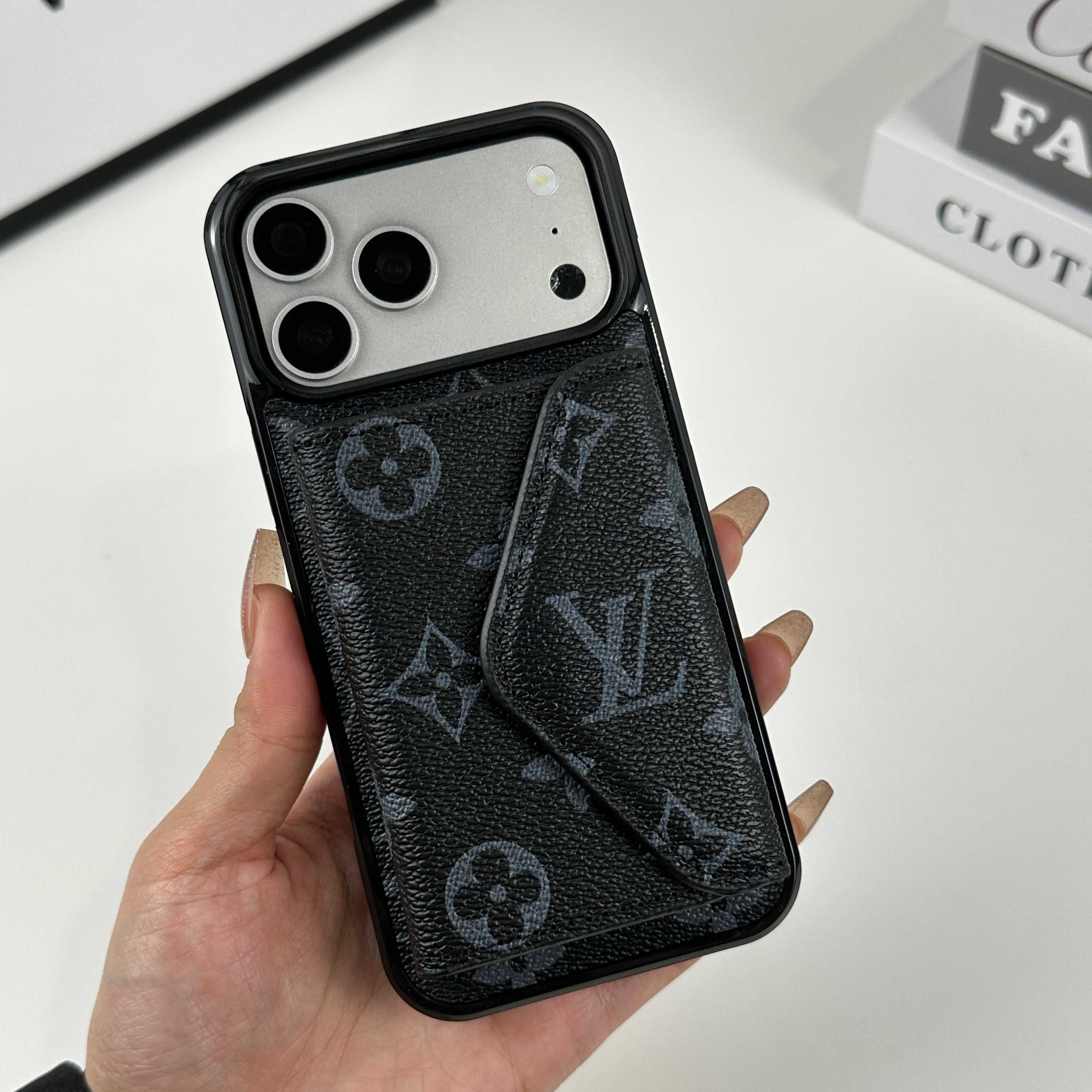 Luxury Leather Monogram iPhone Case With Card Holder Black Printing For iPhone 17 Series-RCLV083 - Runycase