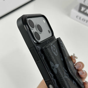 Luxury Leather Monogram iPhone Case With Card Holder Black Printing For iPhone 17 Series-RCLV083 - Runycase