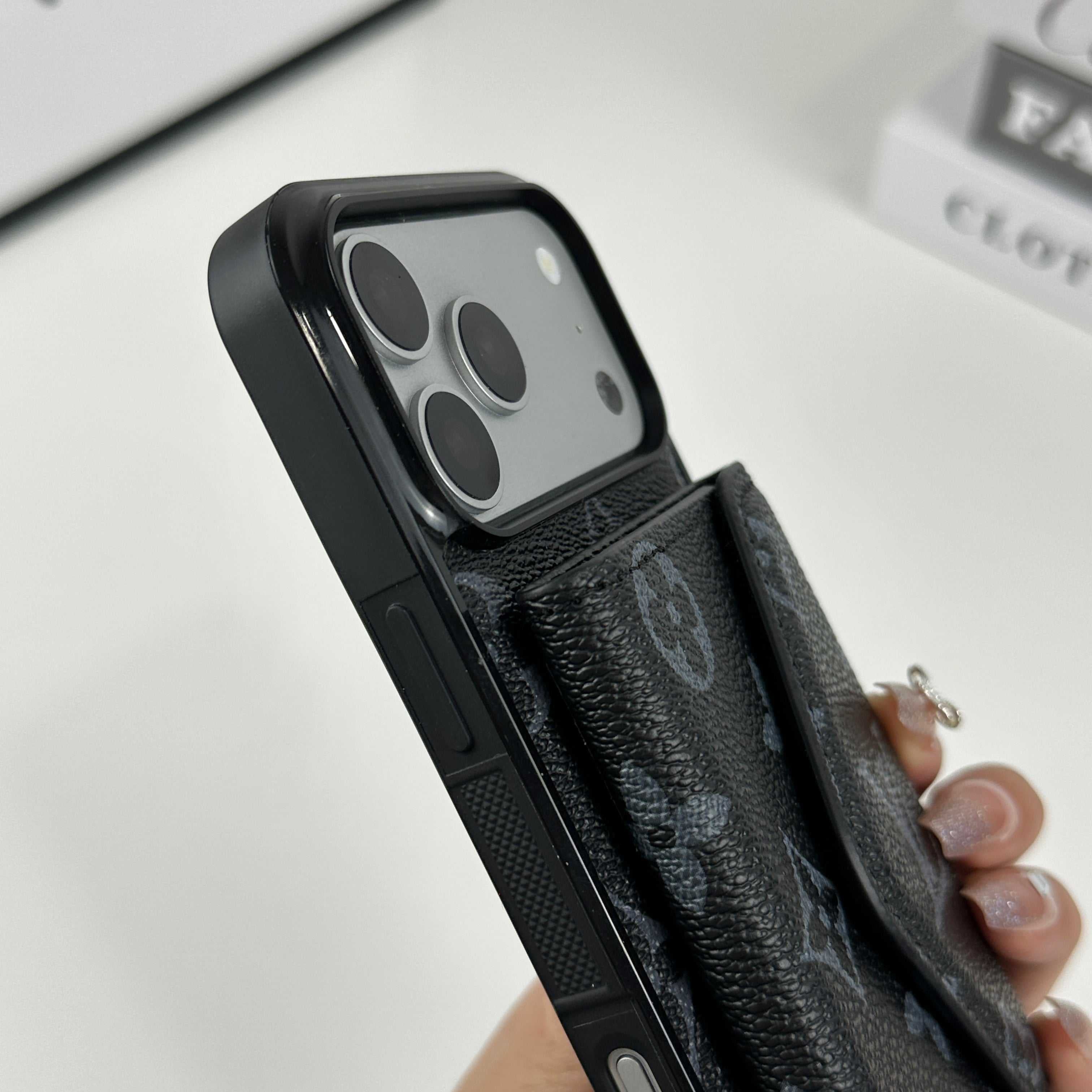 Luxury Leather Monogram iPhone Case With Card Holder Black Printing For iPhone 17 Series-RCLV083 - Runycase