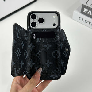 Luxury Leather Monogram iPhone Case With Card Holder Black Printing For iPhone 17 Series-RCLV083 - Runycase
