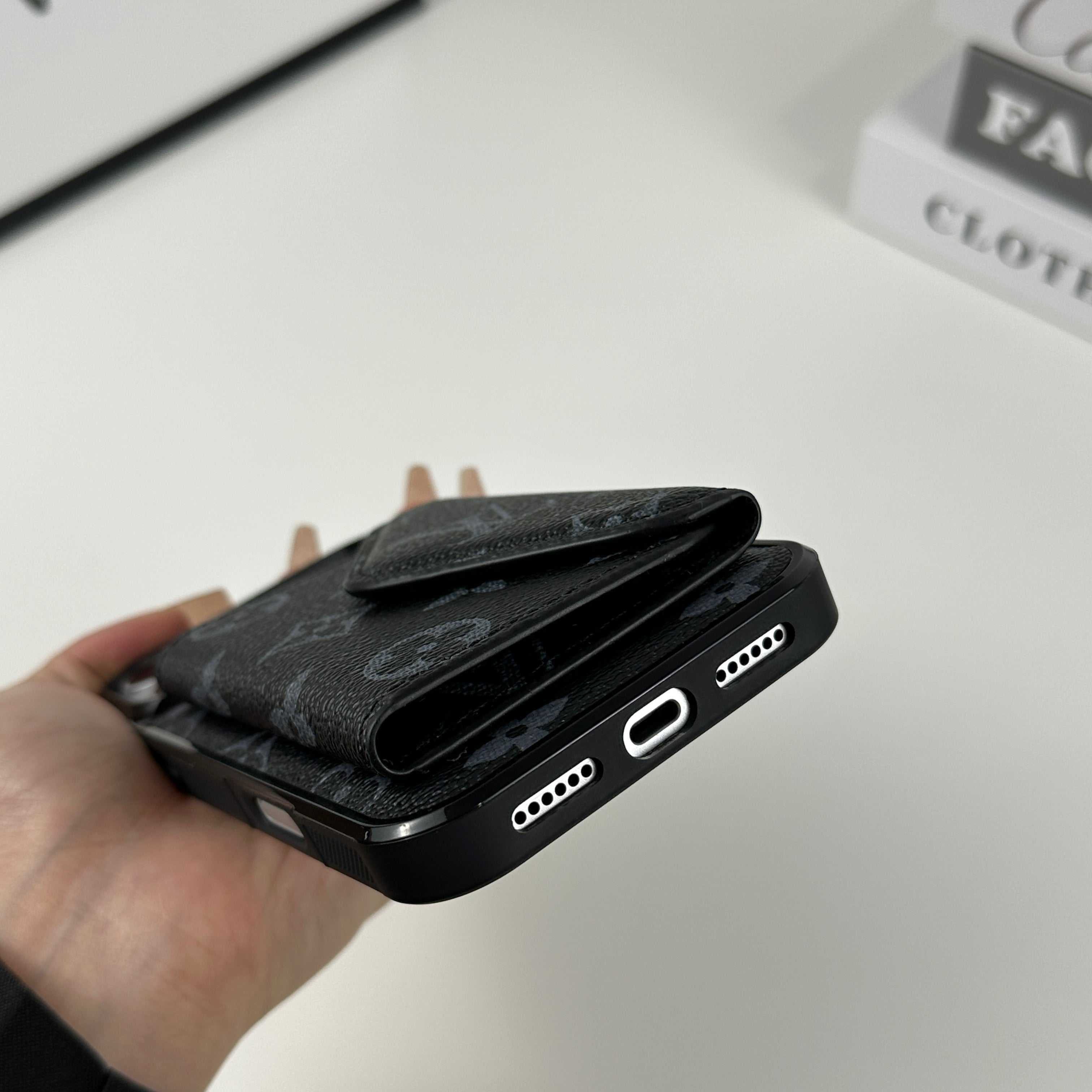 Luxury Leather Monogram iPhone Case With Card Holder Black Printing For iPhone 17 Series-RCLV083 - Runycase