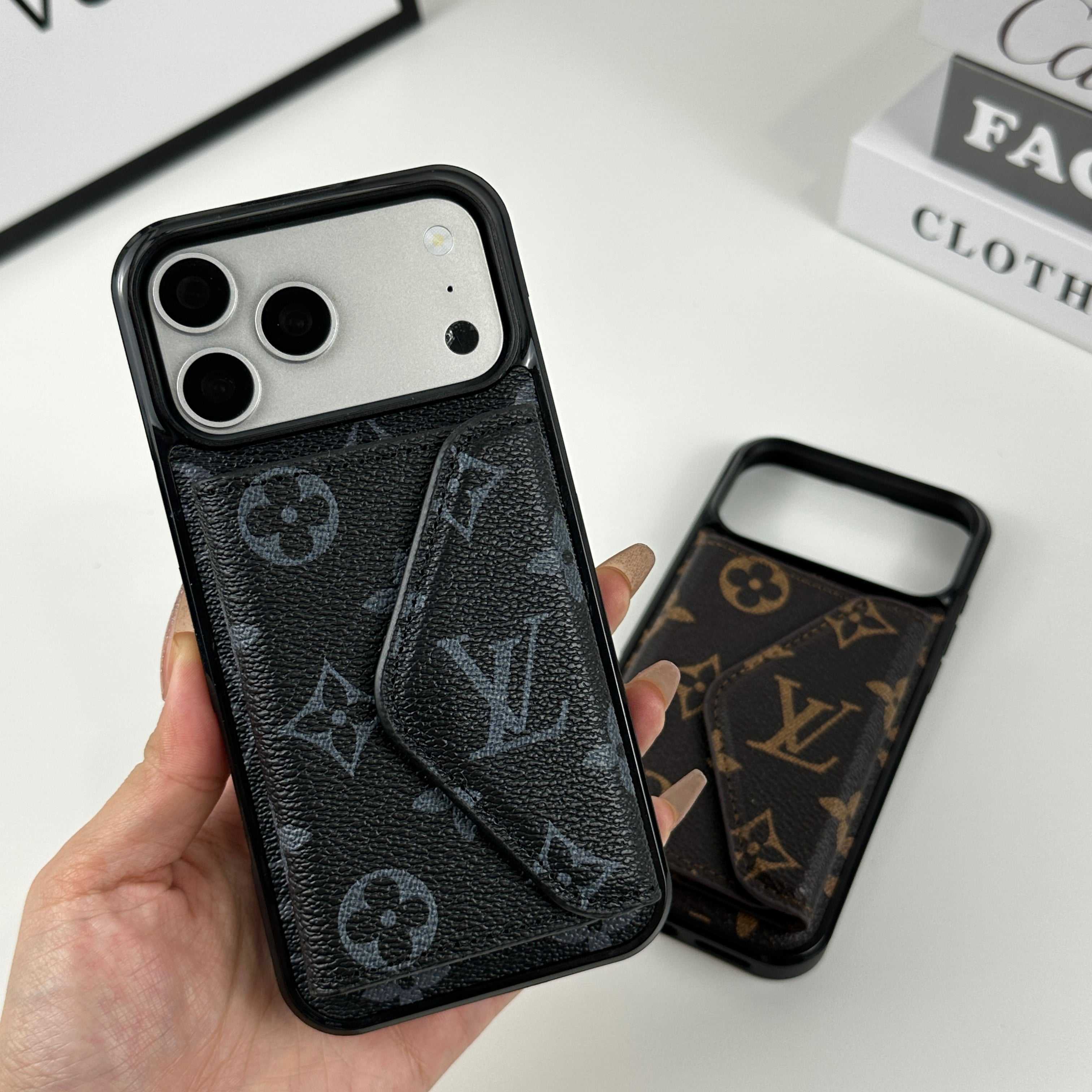 Luxury Leather Monogram iPhone Case With Card Holder Black Printing For iPhone 17 Series-RCLV083 - Runycase