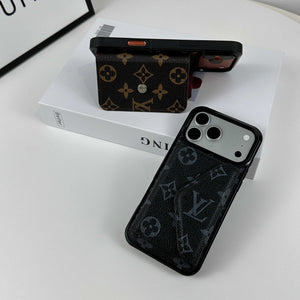 Luxury Leather Monogram iPhone Case With Card Holder Black Printing For iPhone 17 Series-RCLV083 - Runycase