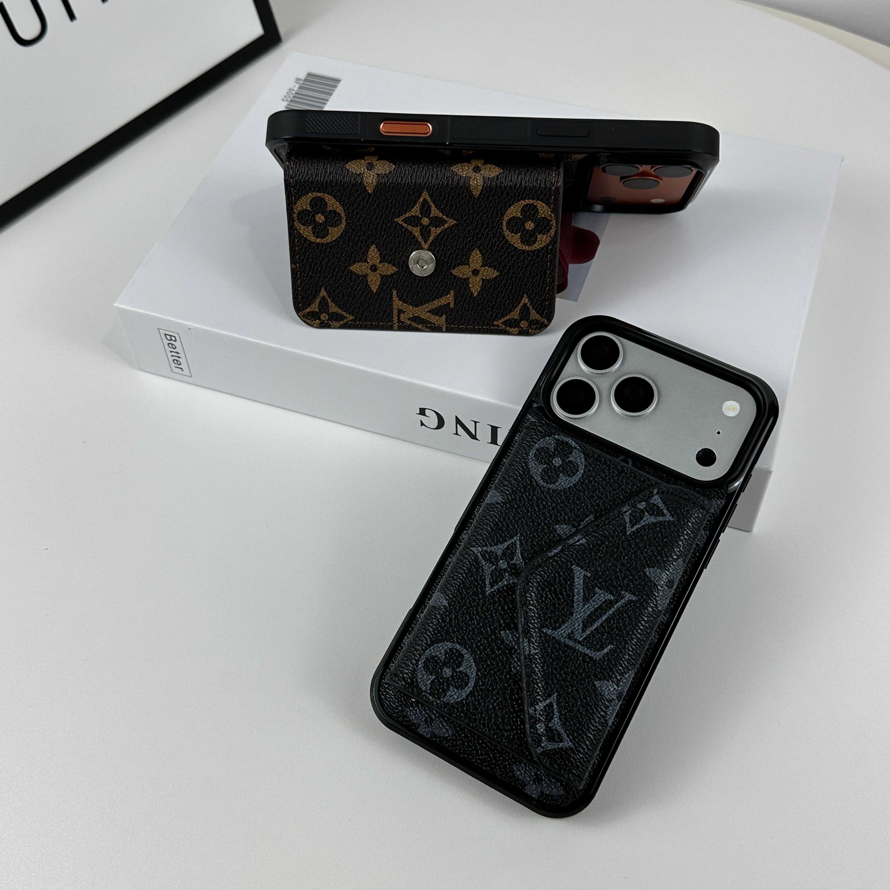 Luxury Leather Monogram iPhone Case With Card Holder Black Printing For iPhone 17 Series-RCLV083 - Runycase