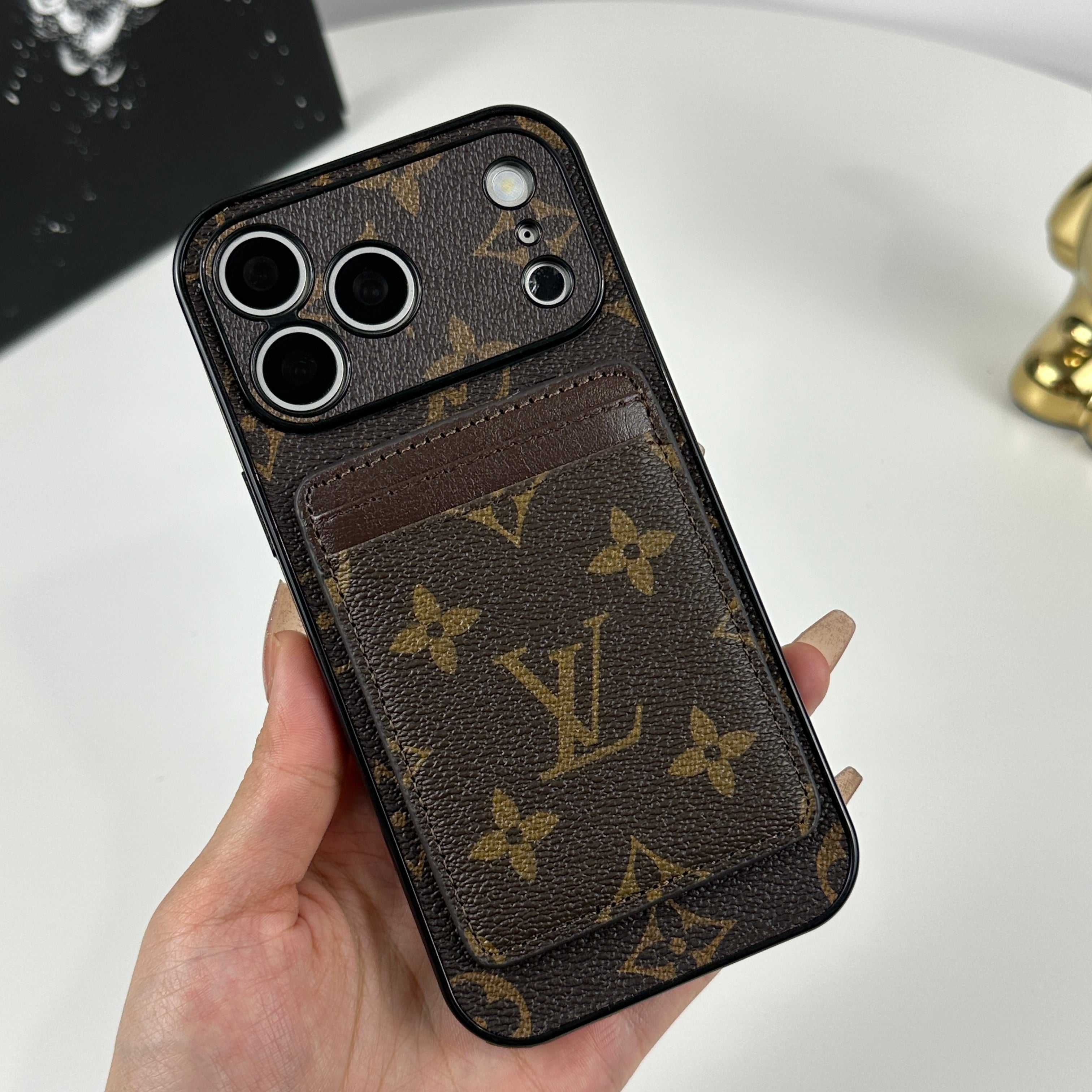 Leather Monogram iPhone Case With Magnetic Card Holder Big Printing For iPhone 17 Series-RCLV085 - Runycase