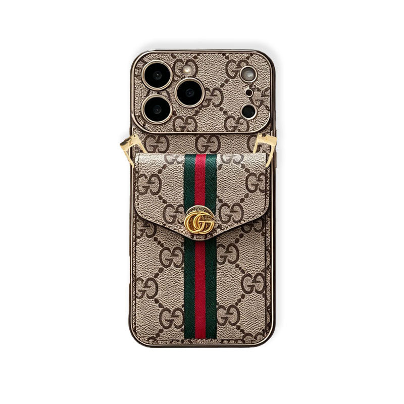 Coque de téléphone Gucci en cuir de haute qualité avec porte-cartes et bandoulière pour iPhone série 17 - RCGG184