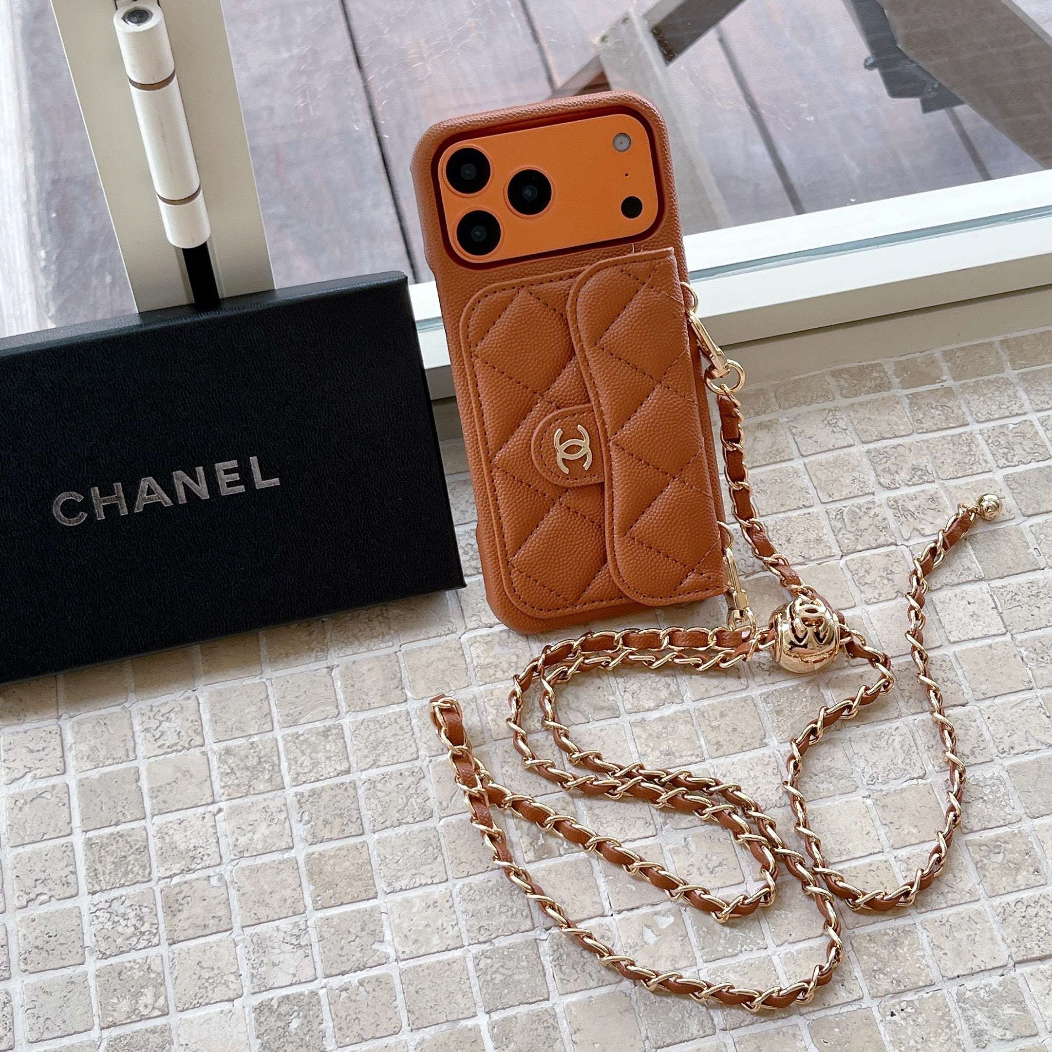 Elegant Leather CC iPhone Case With Wallet And Crossbody Strap Coffee For iPhone 17 Series-RCCC159