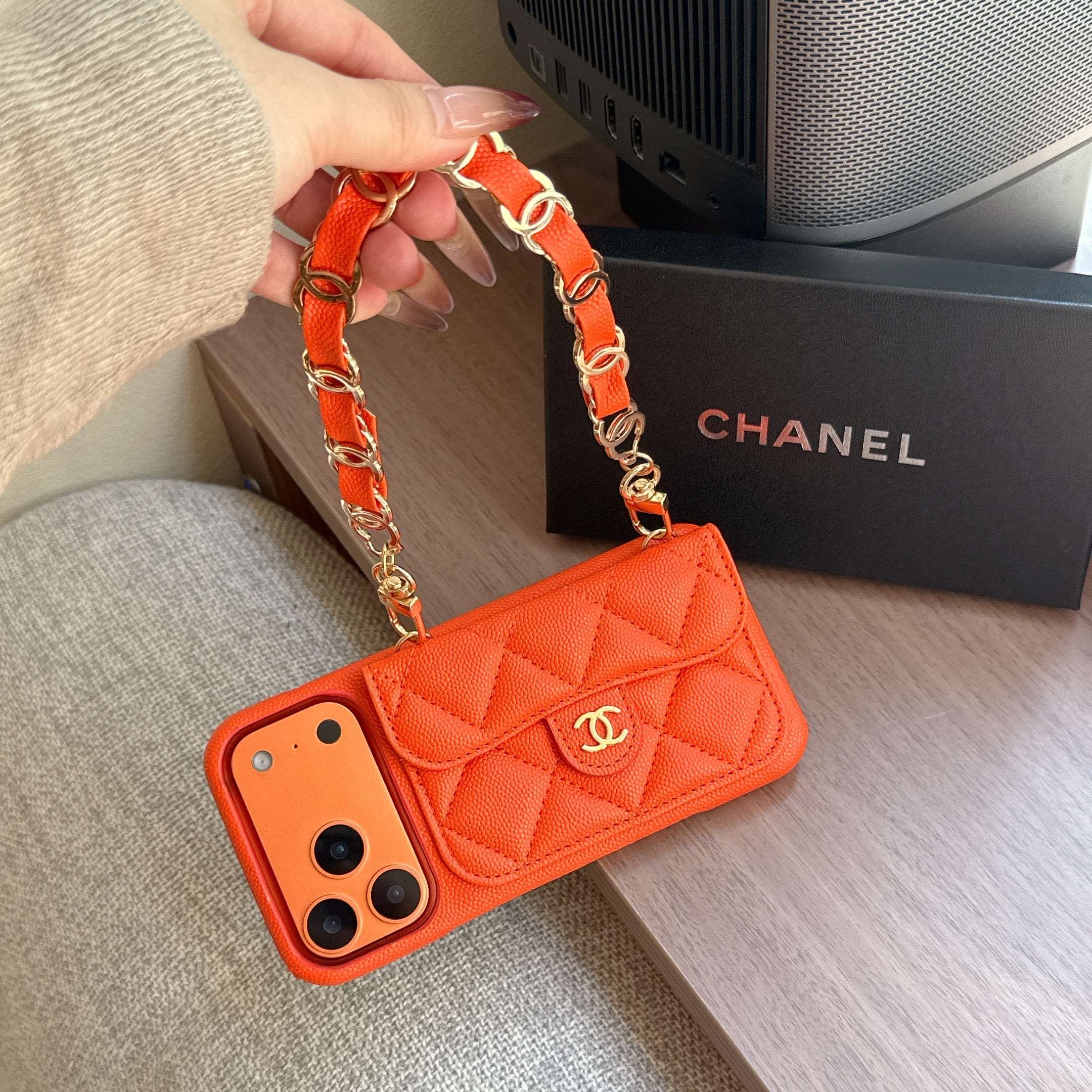 Textured Leather CC iPhone Case With Wallet And Wrist Strap Orange For iPhone 17 Series-RCCC160